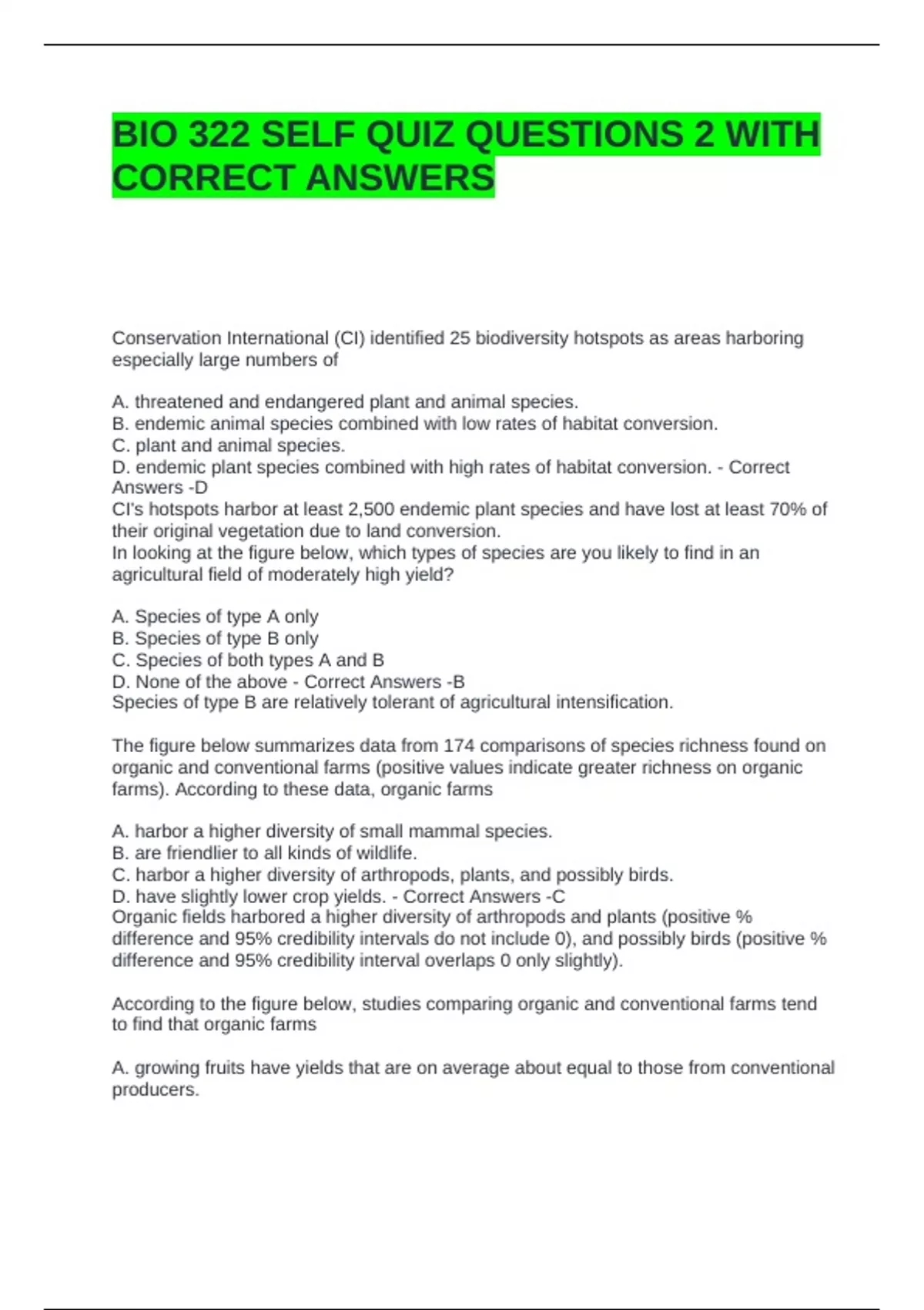 Random Bio Questions BIO 322 SELF QUIZ QUESTIONS 2 WITH CORRECT ANSWERS - BIO 322 - Stuvia US