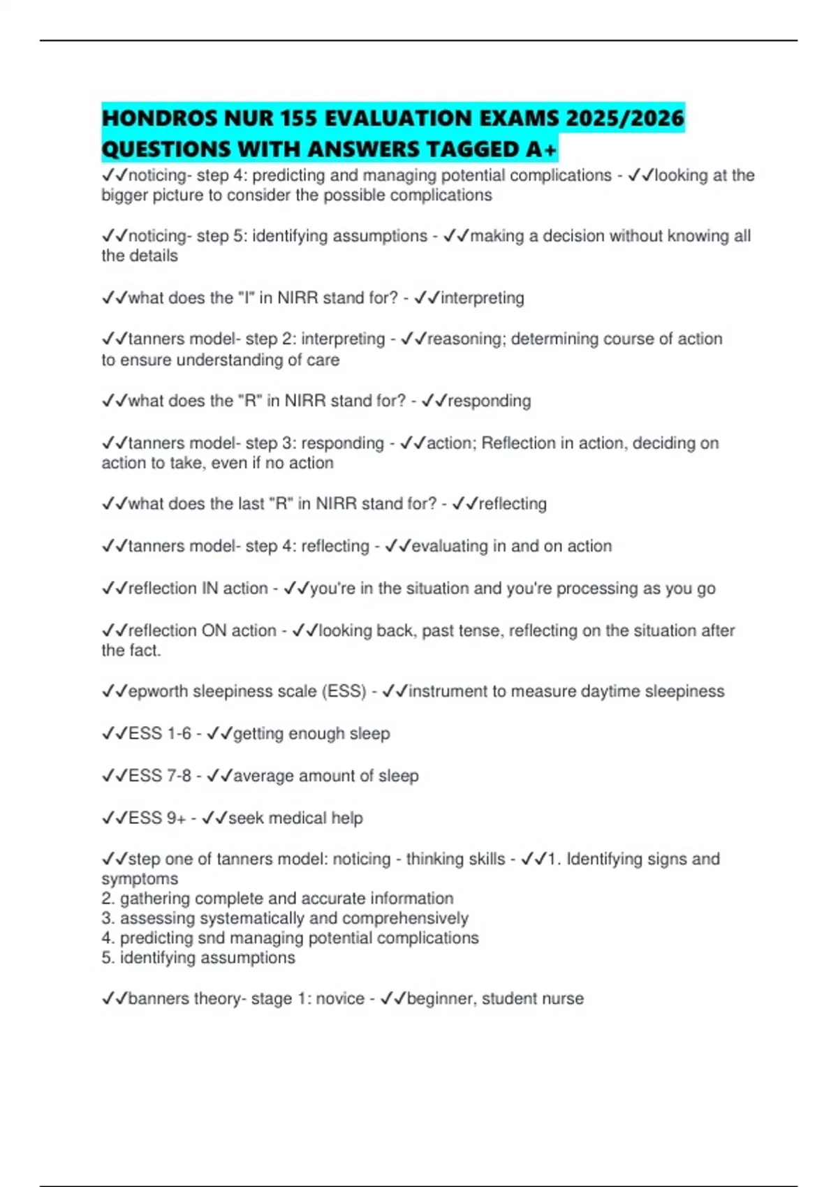 HONDROS NUR 155 EVALUATION EXAMS 2025/2026 QUESTIONS WITH ANSWERS ...