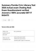 Summary Florida Civic Literacy Test 2025 Actual exam &lpar;Testing Real Exam Questions&rpar;and verified Answers &lpar; 100&percnt; accurate&rpar; GET IT RIGHT&excl;&excl;