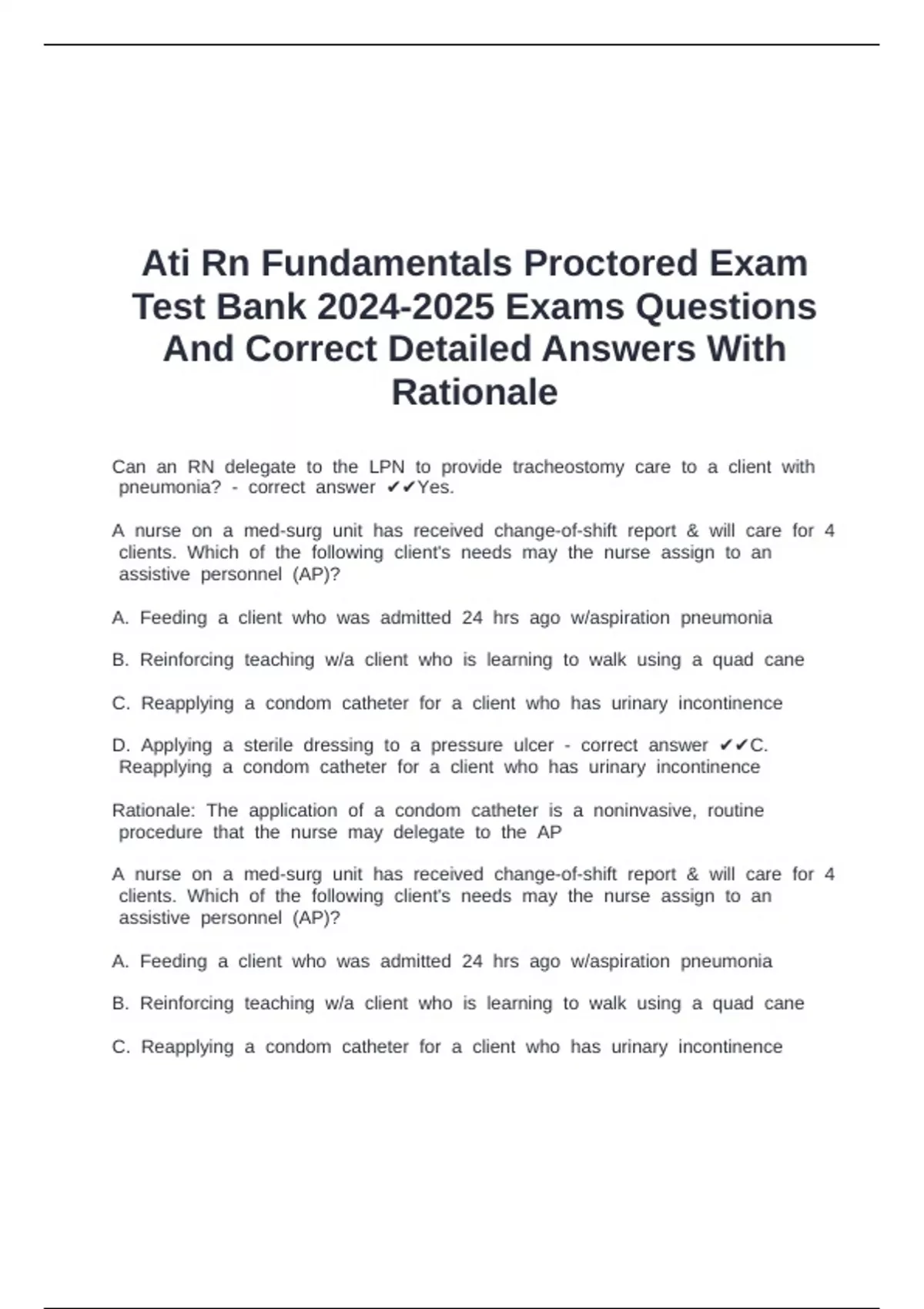Ati Rn Fundamentals Proctored Exam Test Bank Exams Questions And ...