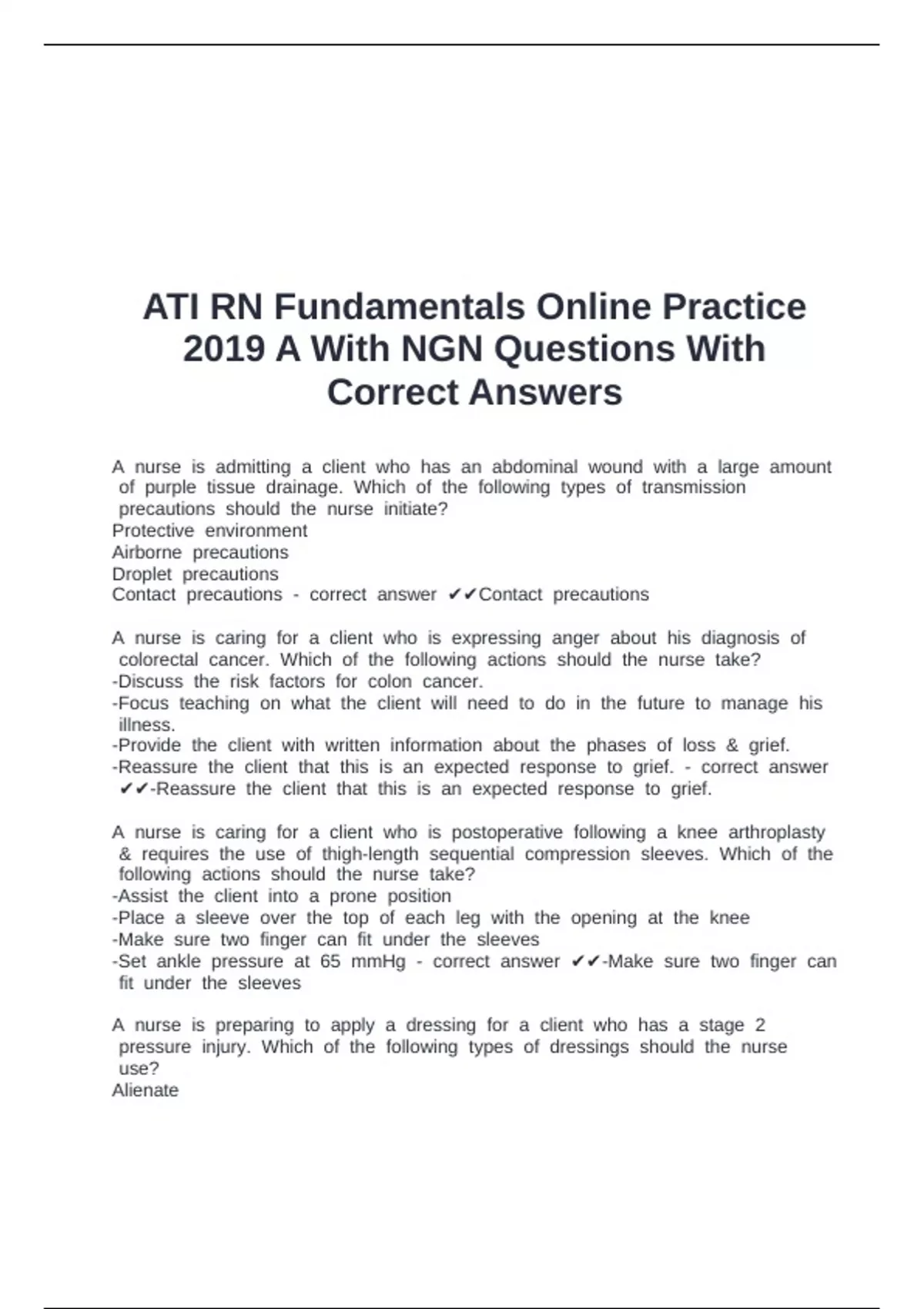 ATI RN Fundamentals Online Practice 2019 A With NGN Questions With ...