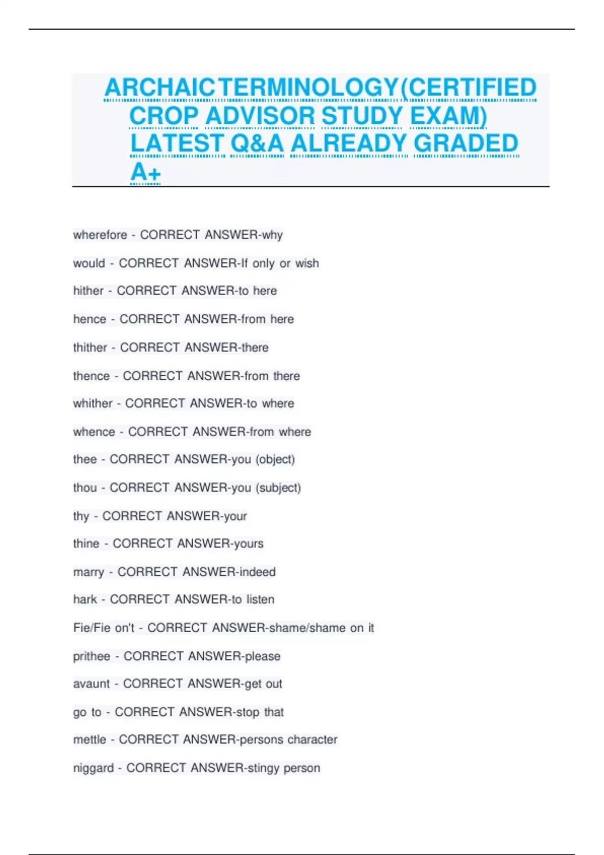 ARCHAIC TERMINOLOGY (CERTIFIED CROP ADVISOR STUDY EXAM) LATEST Q&amp;A ALREADY GRADED A+ - ARCHAIC ...
