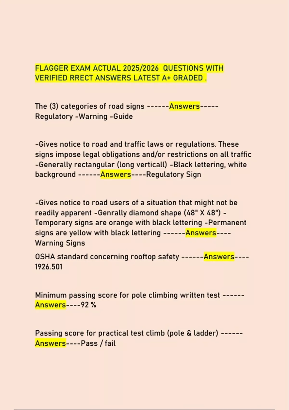 FLAGGER EXAM ACTUAL 2025/2026 QUESTIONS WITH VERIFIED RRECT ANSWERS ...