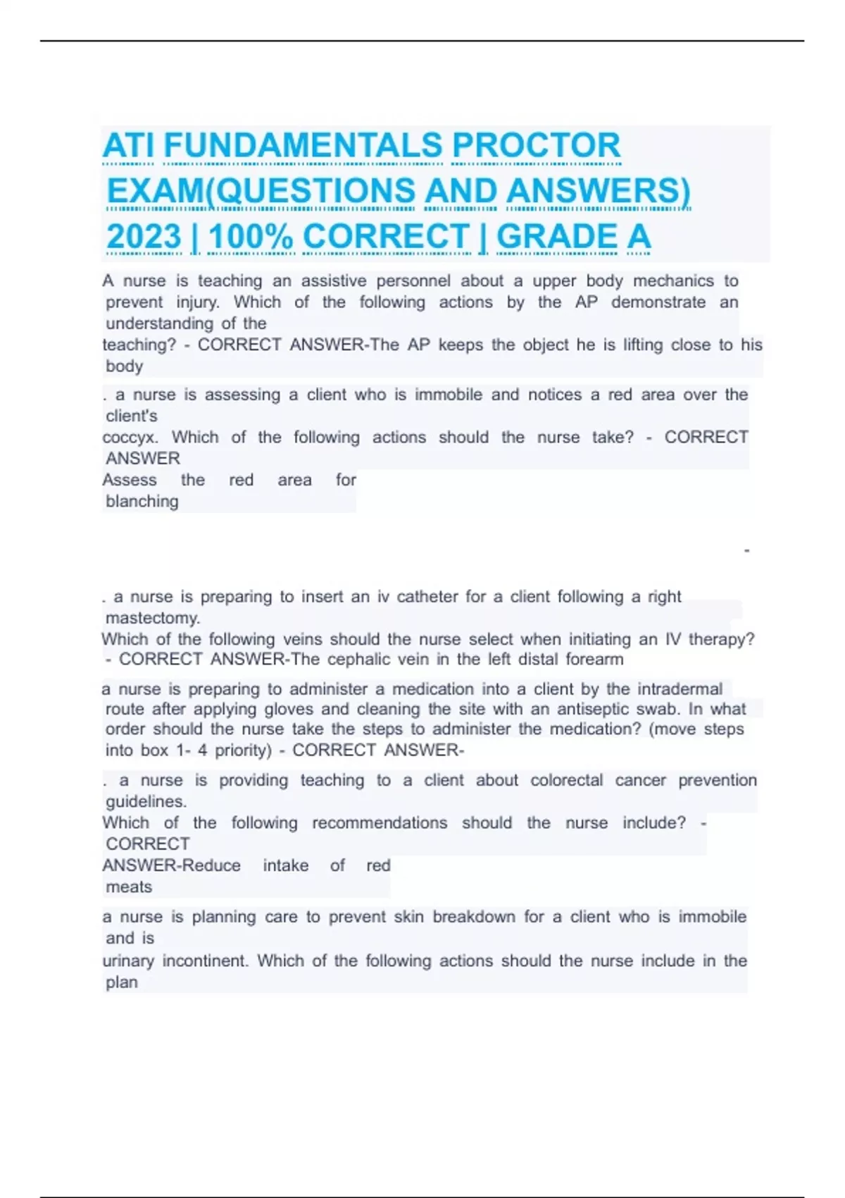 ATI FUNDAMENTALS PROCTOR EXAM(questions and answers) 2023 | 100% ...