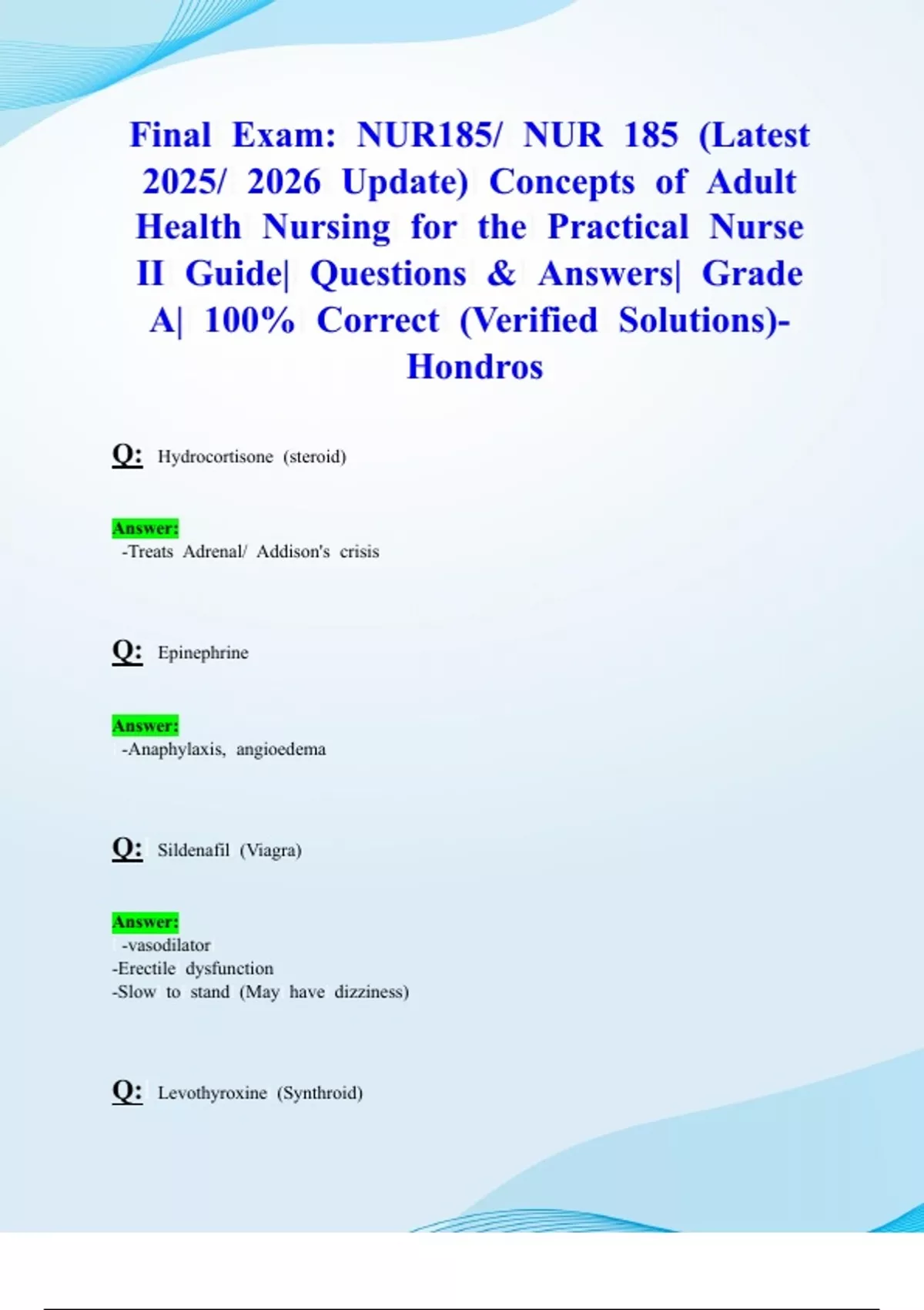 Exam 2 & Final Exams: NUR185/ NUR 185 (Latest 2025/ 2026 Updates STUDY ...