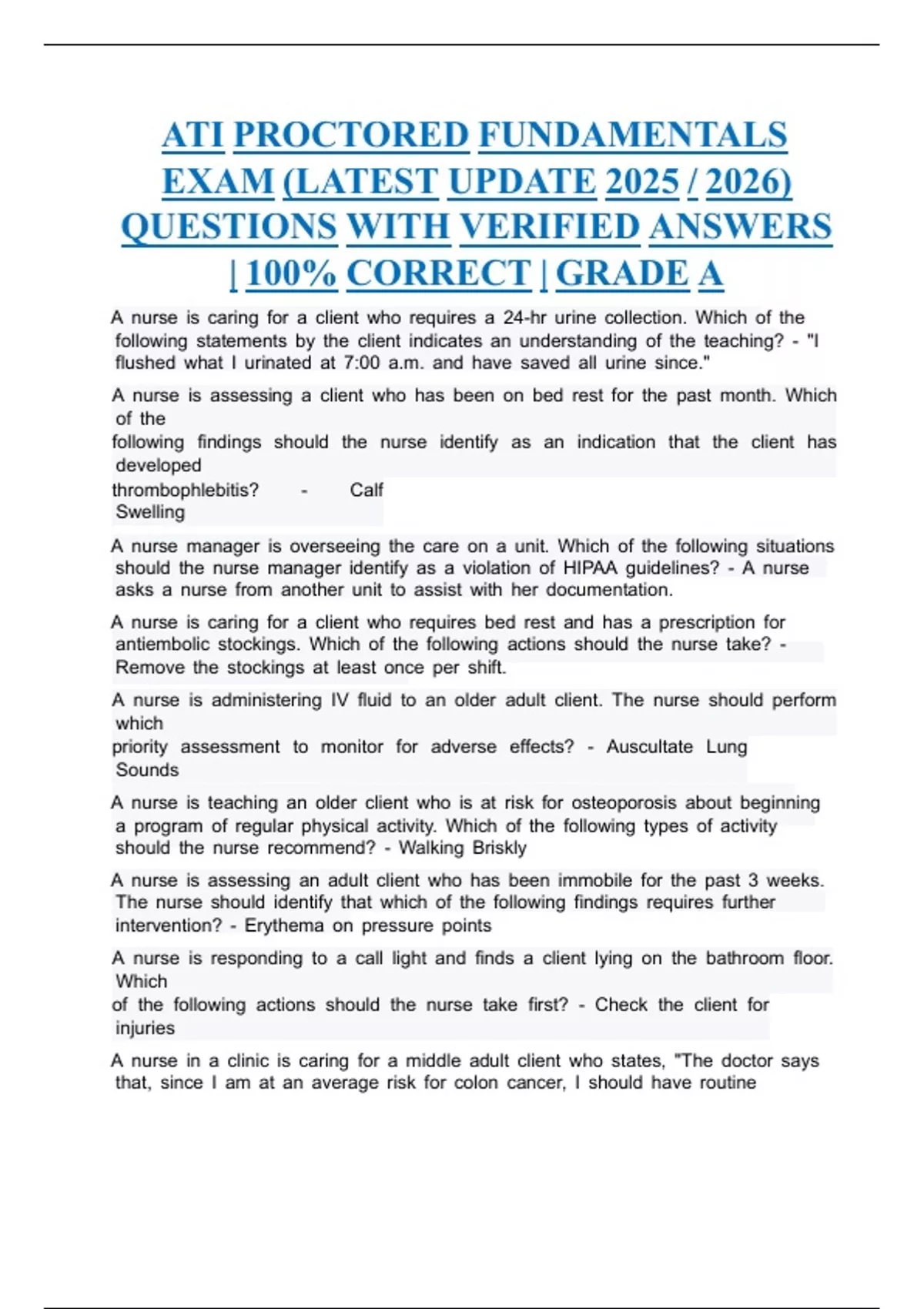 ATI Proctored Fundamentals Exam (latest update 2025 / 2026) questions ...