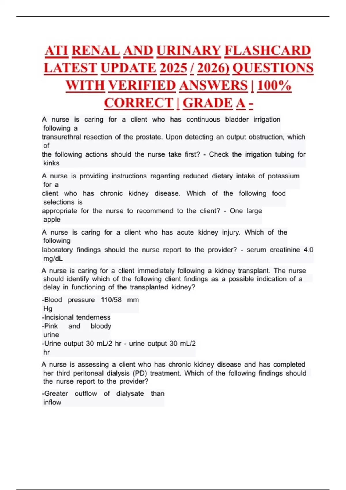 ATI Renal and Urinary Flashcard latest update 2025 / 2026) questions ...