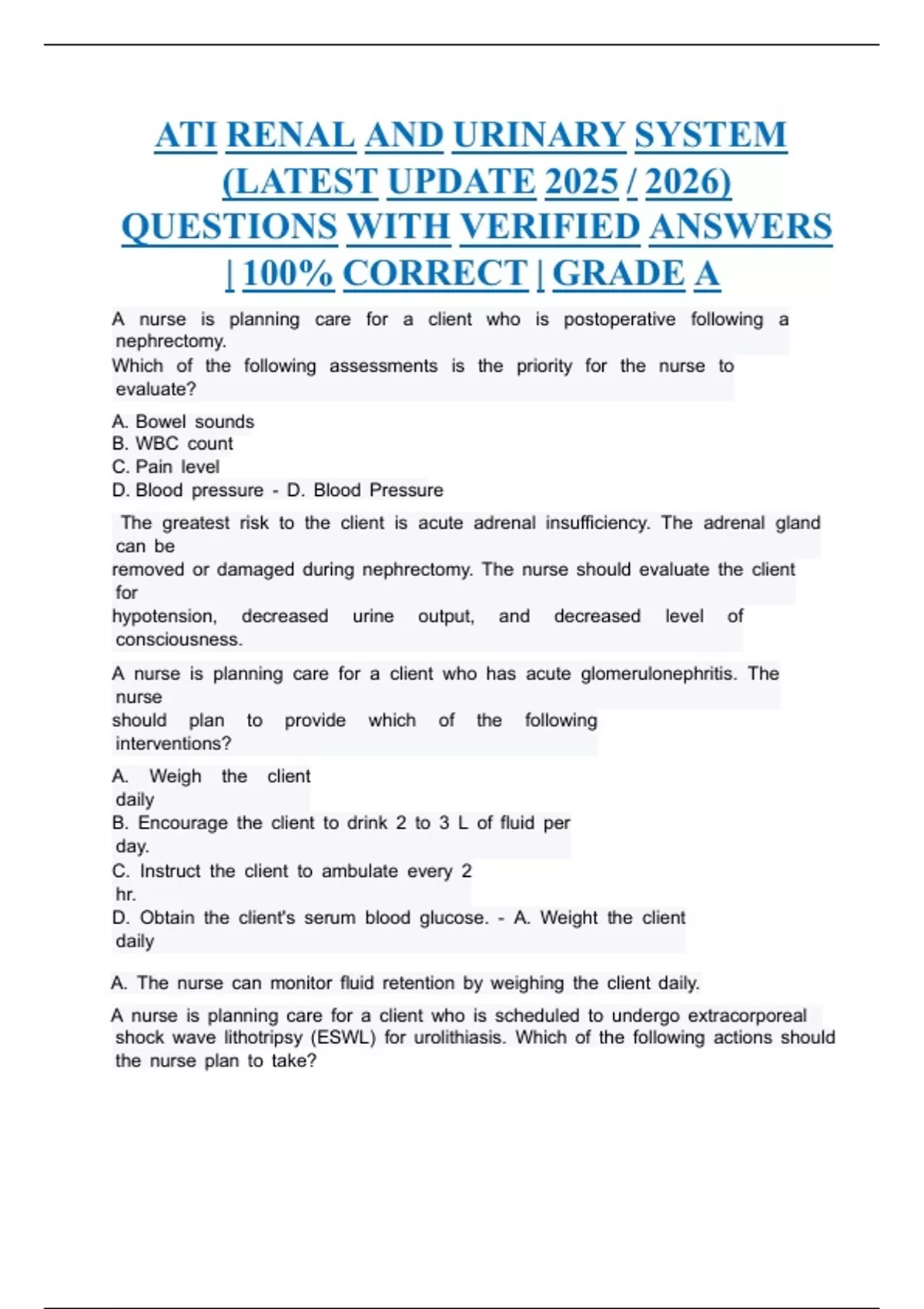 ATI Renal and Urinary System (latest update 2025 / 2026) questions with ...
