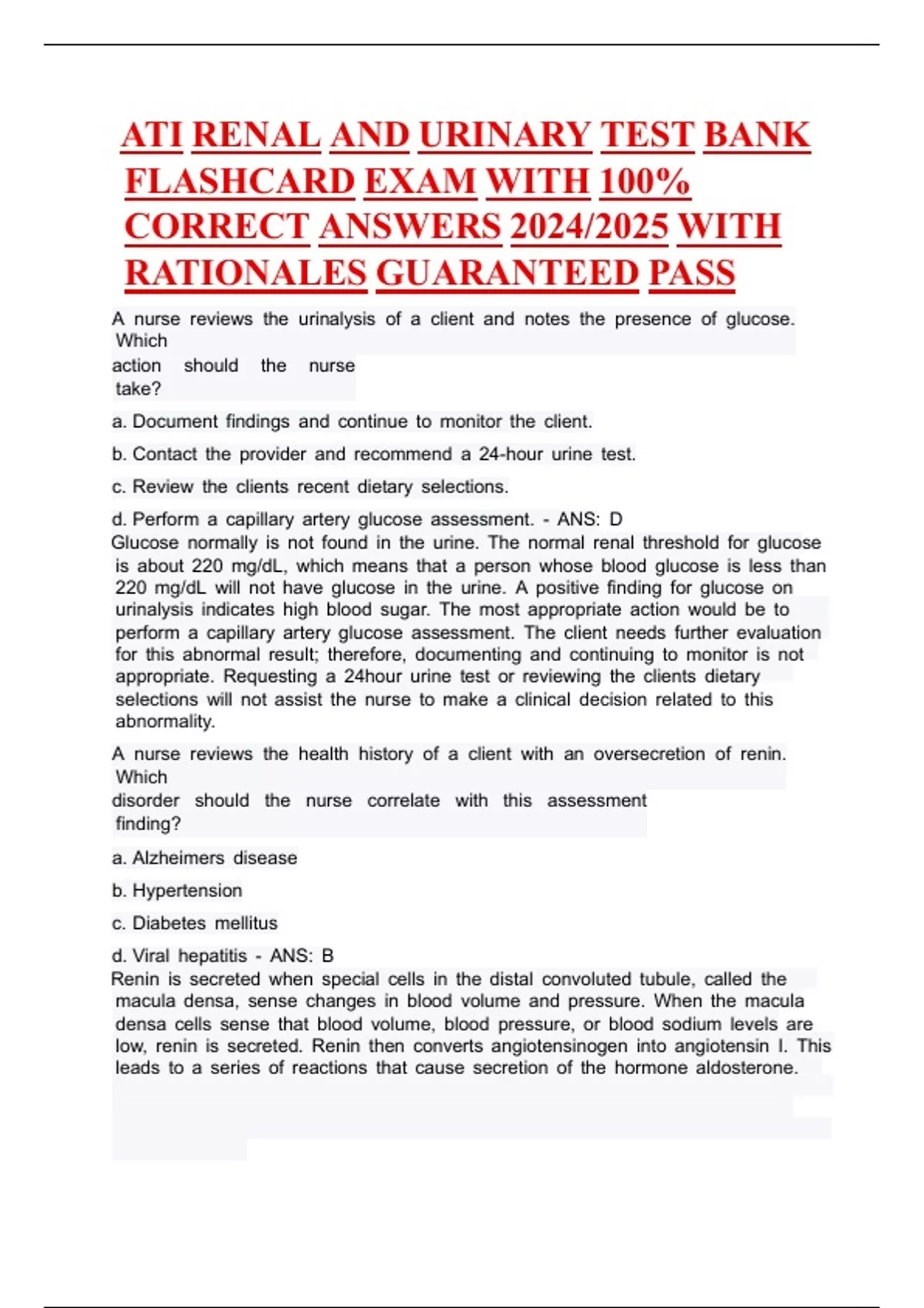 ATI Renal and Urinary Test Bank Flashcard exam with 100% correct ...