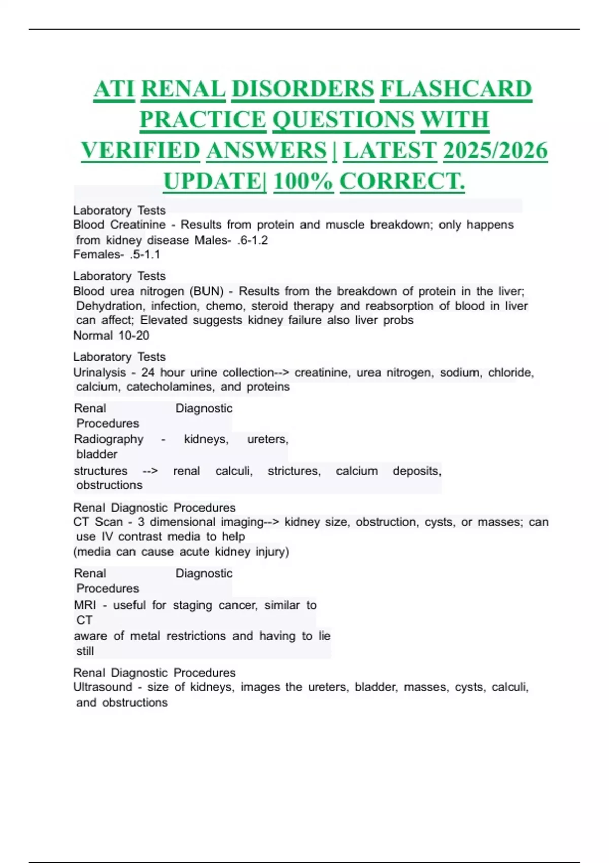 ATI Renal Disorders Flashcard practice questions with verified answers ...