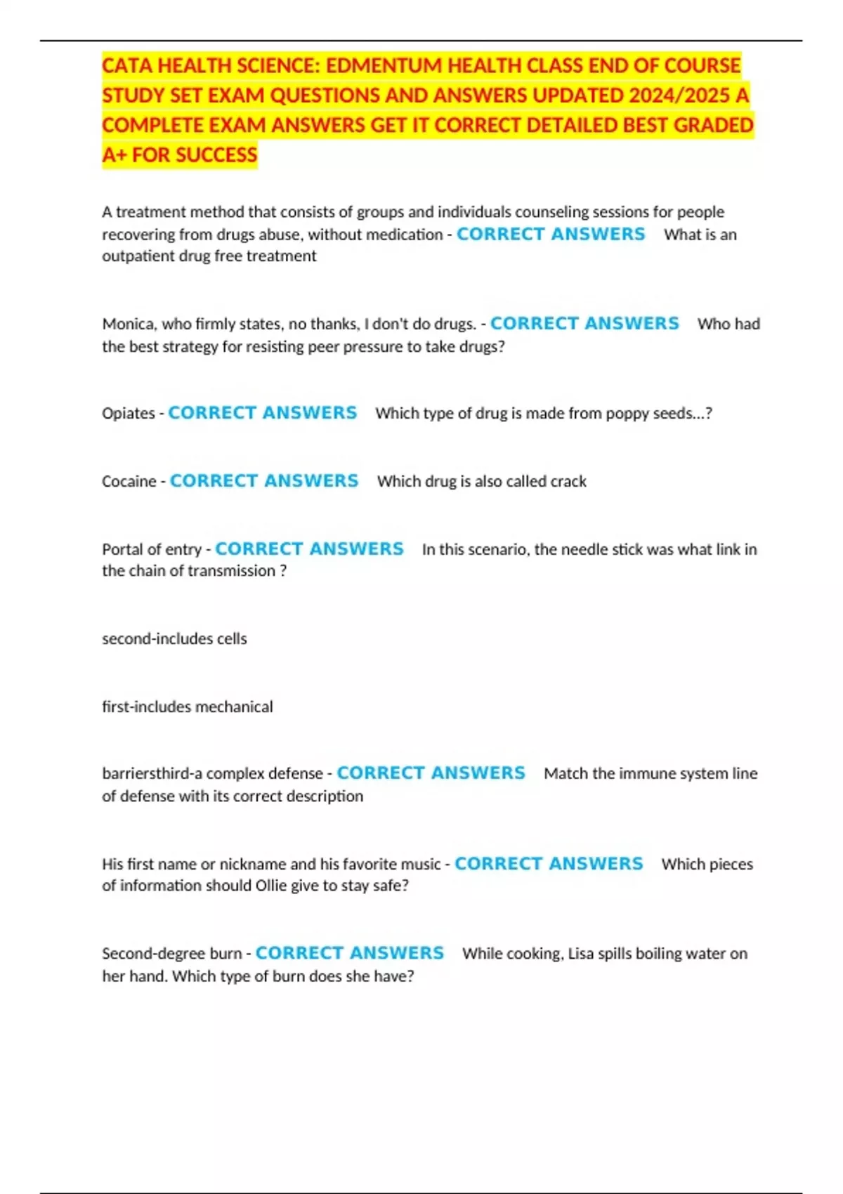 CATA HEALTH SCIENCE: EDMENTUM HEALTH CLASS END OF COURSE STUDY SET EXAM QUESTIONS AND ANSWERS ...