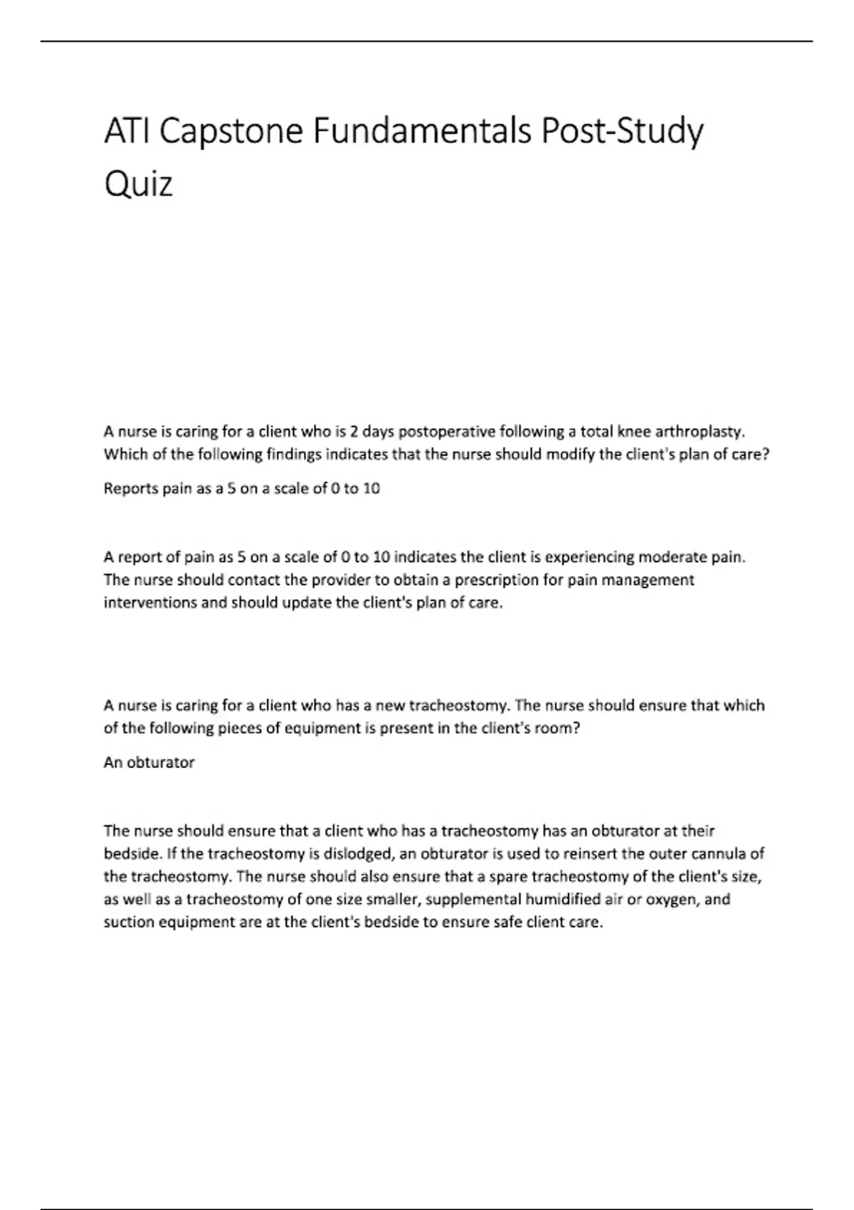 ATI Capstone Fundamentals Post Study Quiz (Latest 2025 / 2026) Actual