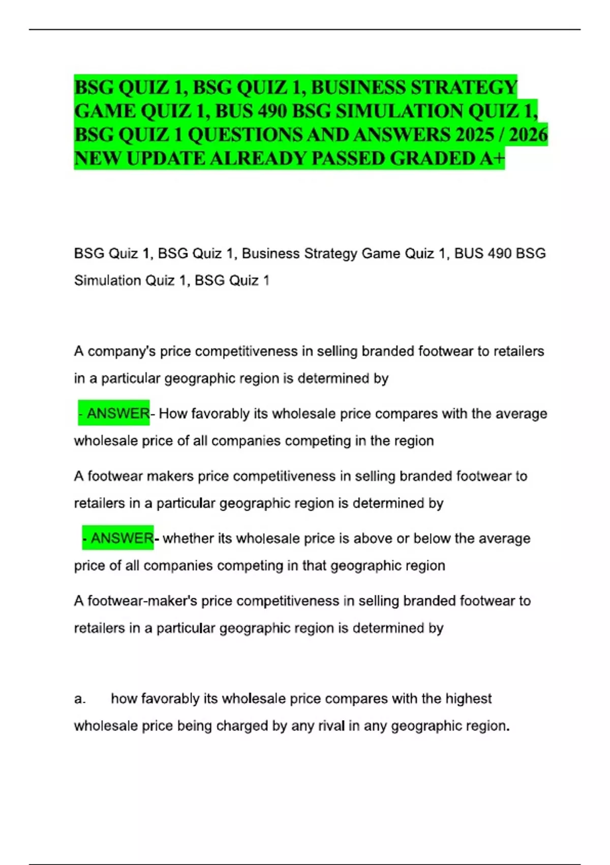 Bsg Quiz 1 Bsg Quiz 1 Business Strategy Game Quiz 1 Bus 490 Bsg