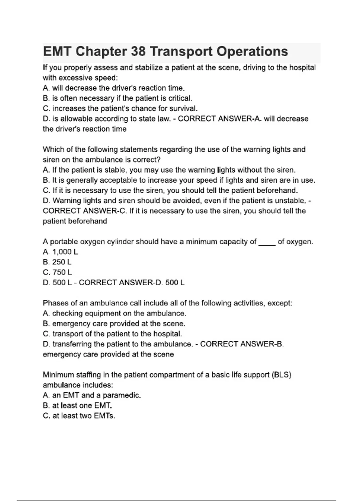 EMT Chapter 38 Transport Operations (Latest 2025 / 2026) Actual ...