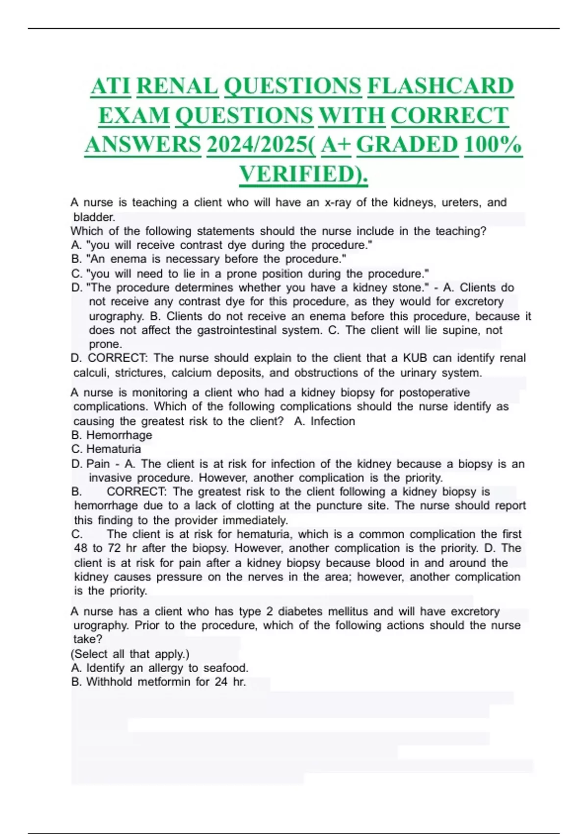 ATI RENAL QUESTIONS FLASHCARD EXAM QUESTIONS WITH CORRECT ANSWERS 2024/ ...
