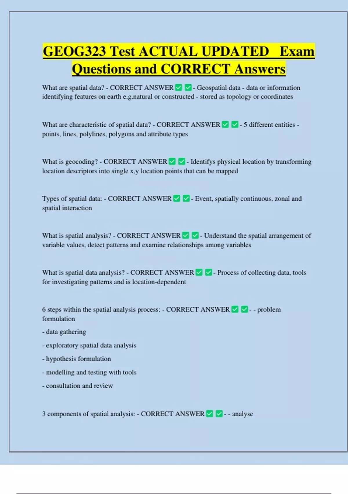 GEOG323 Test ACTUAL UPDATED Exam Questions and CORRECT Answers - GEOG ...
