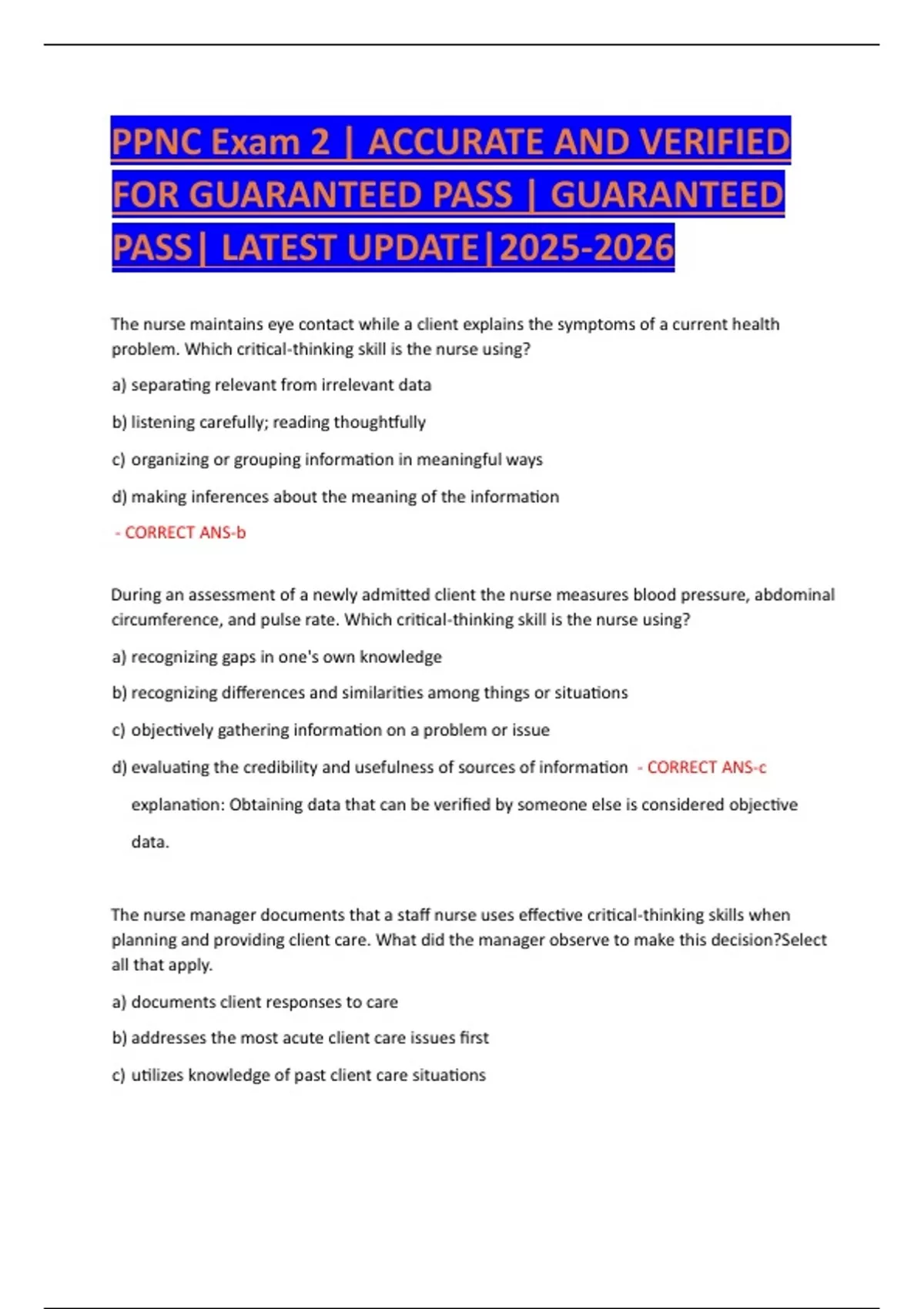 PPNC Exam 2 | ACCURATE AND VERIFIED FOR GUARANTEED PASS | GUARANTEED ...