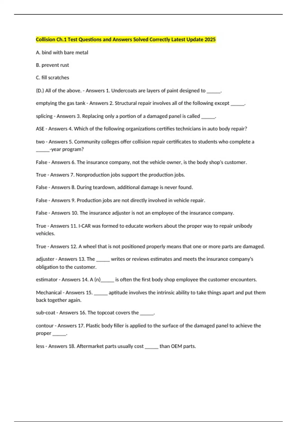 Collision Ch.1 Test Questions and Answers Solved Correctly Latest ...