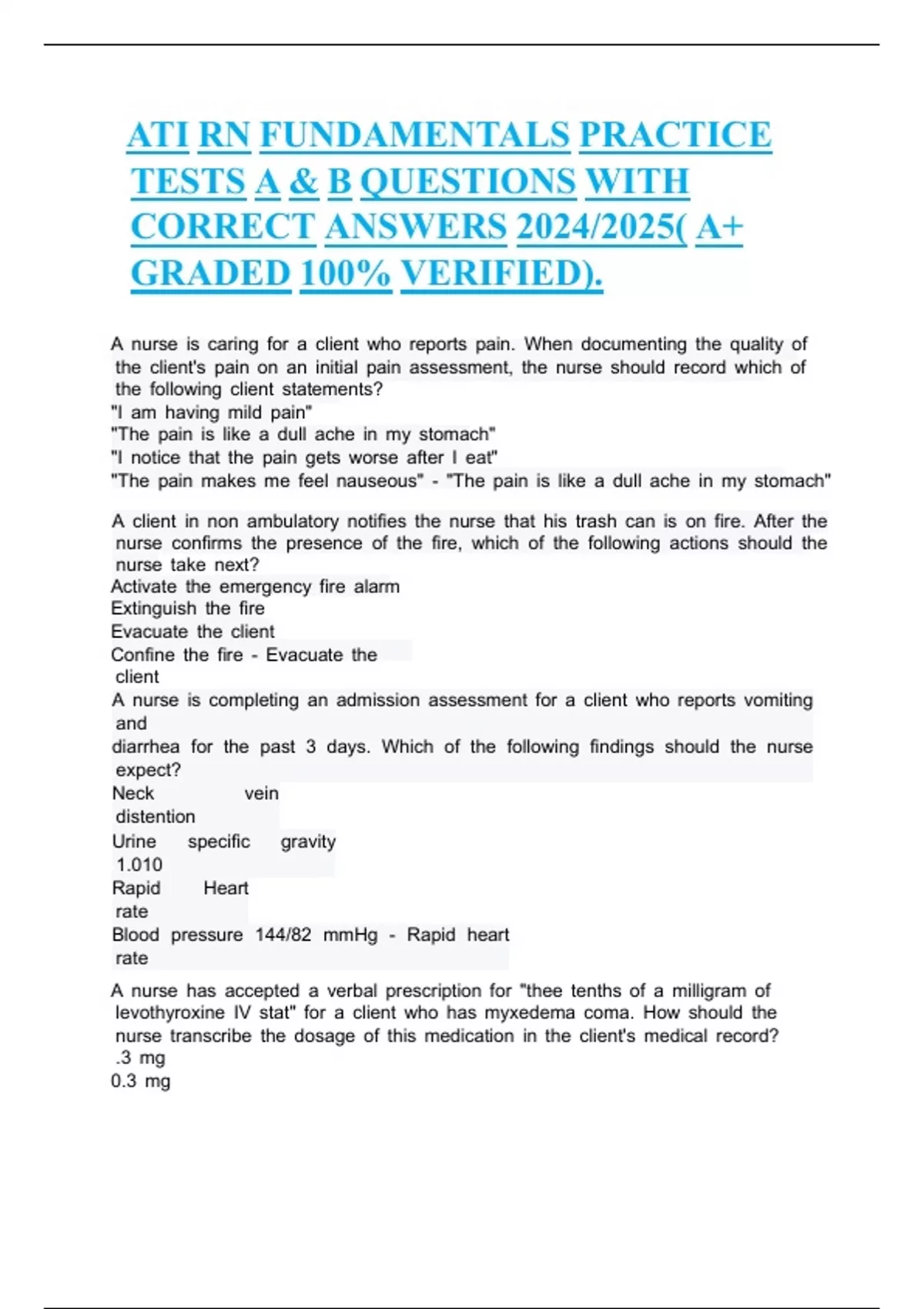 ATI RN FUNDAMENTALS PRACTICE TESTS A & B questions with correct answers ...