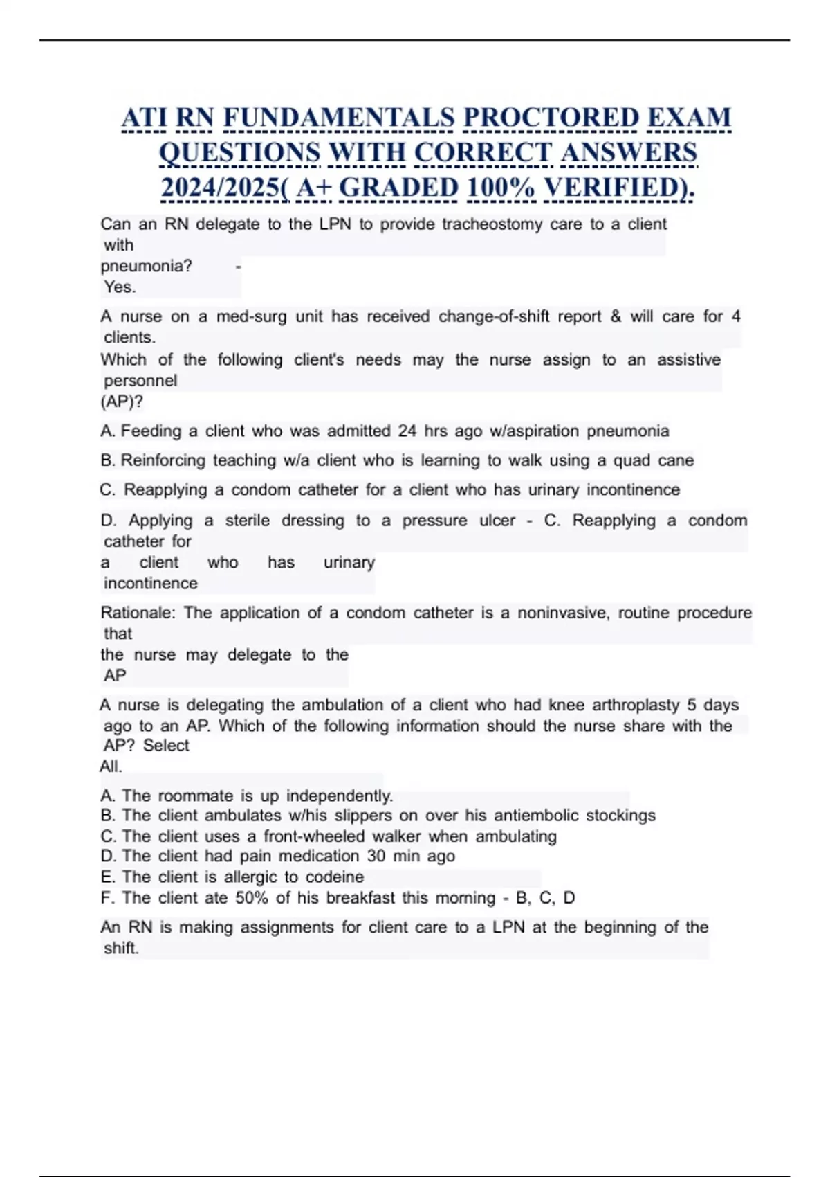 ATI RN Fundamentals Proctored Exam questions with correct answers 2024/ ...