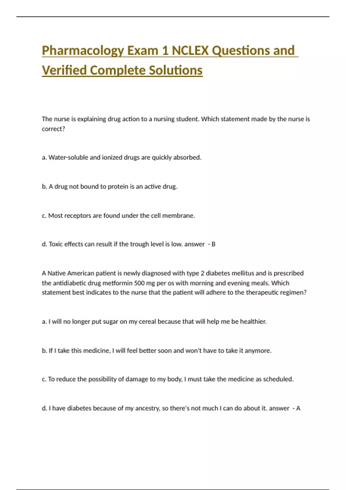 Pharmacology Exam 1 NCLEX Questions and Verified Complete Solutions ...