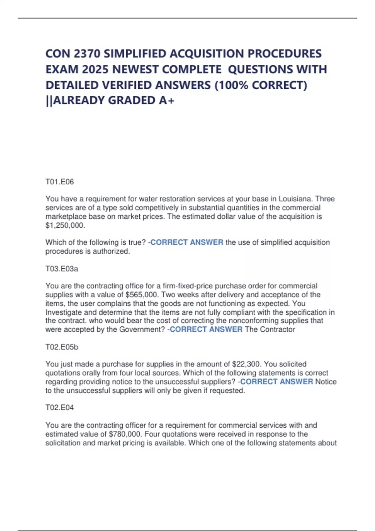 CON 2370 SIMPLIFIED ACQUISITION PROCEDURES EXAM 2025 NEWEST COMPLETE ...