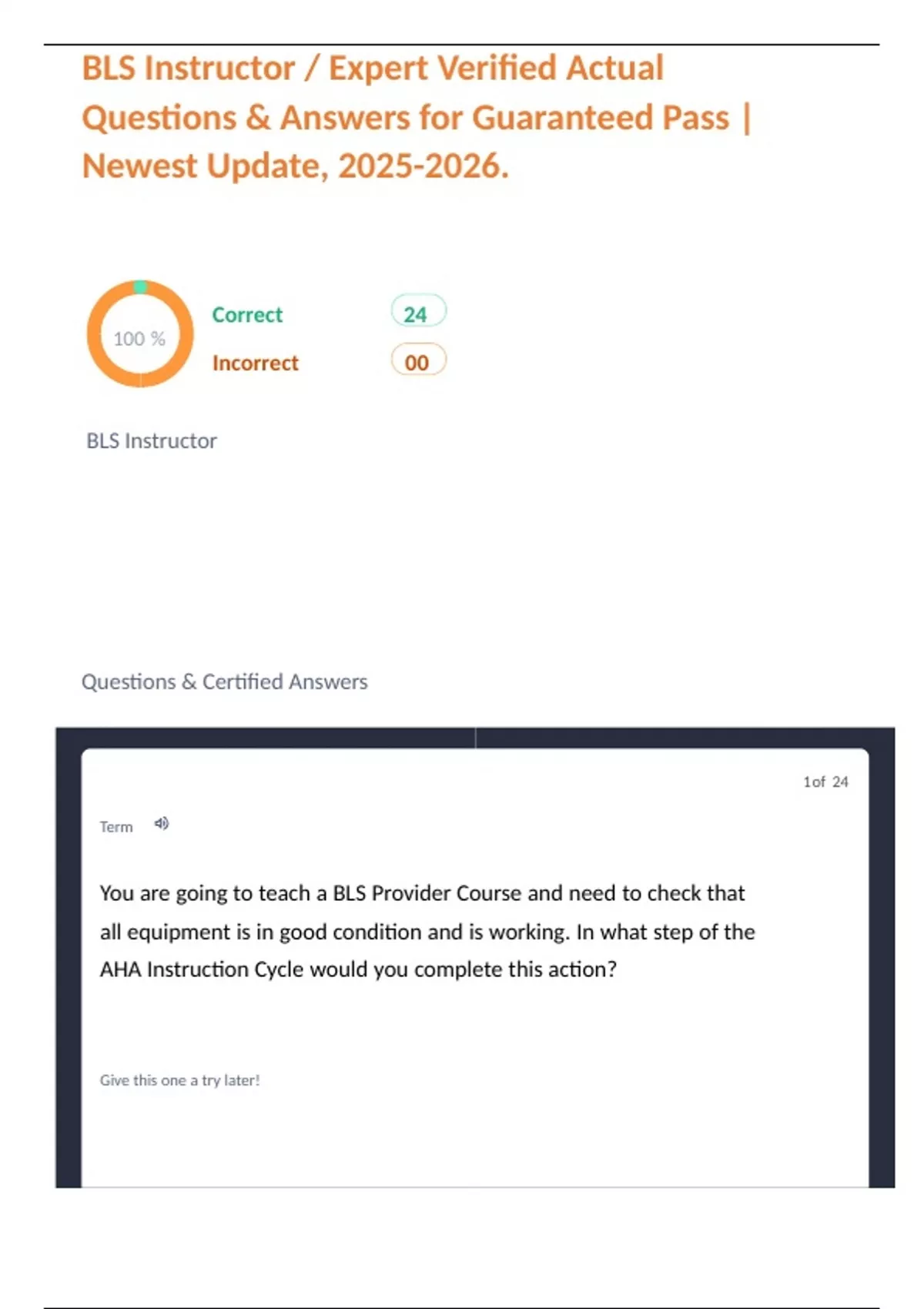BLS Instructor / Expert Verified Actual Questions & Answers for ...
