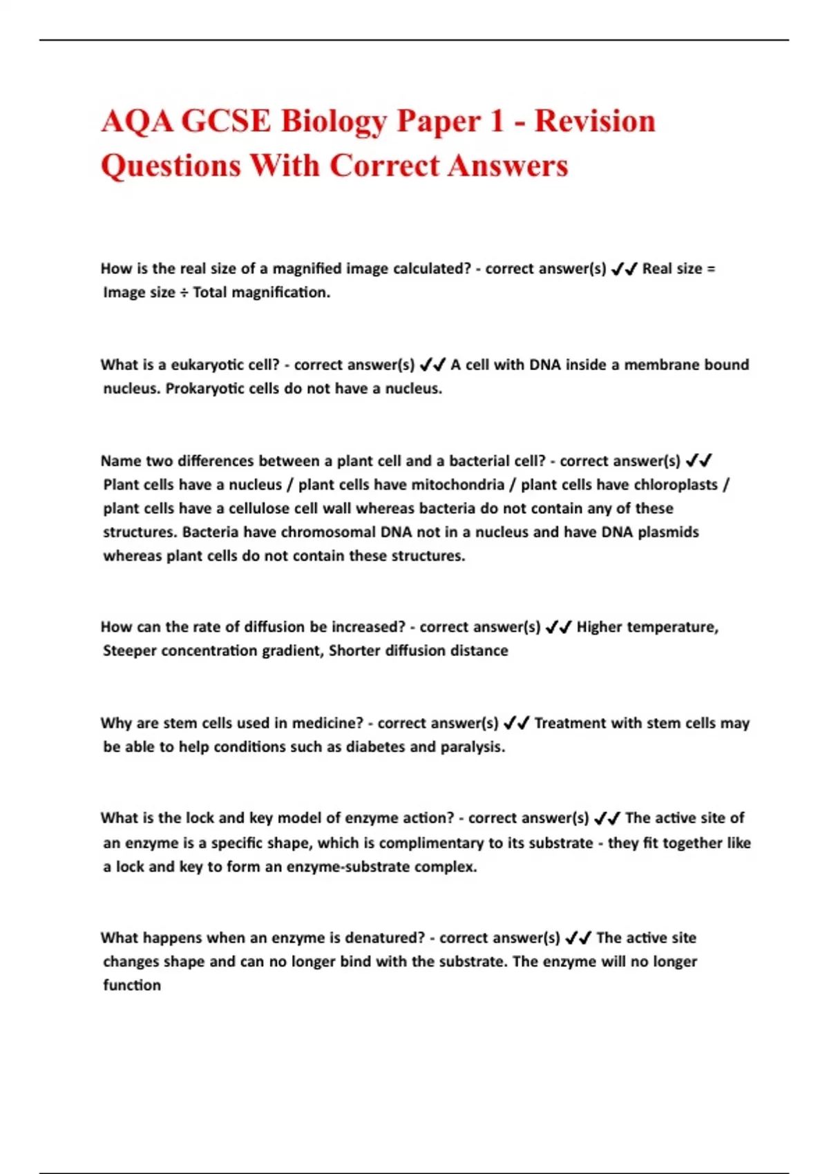 AQA GCSE Biology Paper 1 - Revision Questions With Correct Answers ...