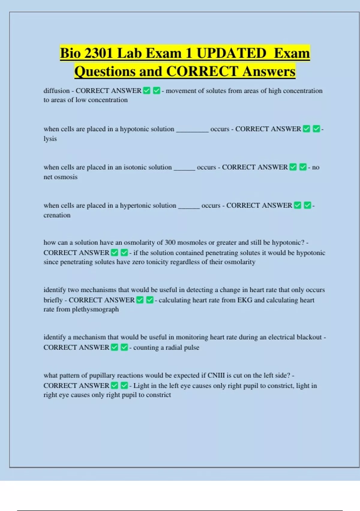 Bio 2301 Lab Exam 1 UPDATED Exam Questions and CORRECT Answers - BIO ...