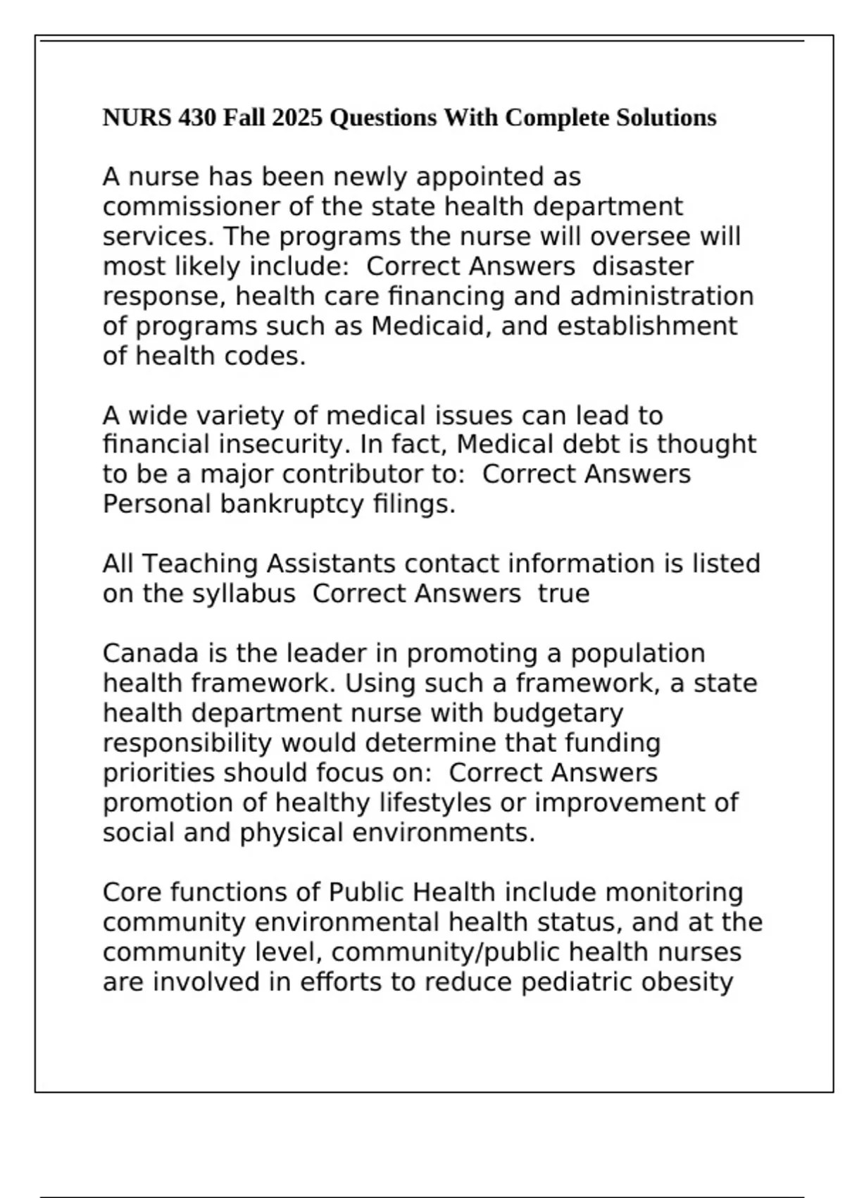 NURS 430 Fall 2025 Questions With Complete Solutions - NURS 430 - Stuvia US