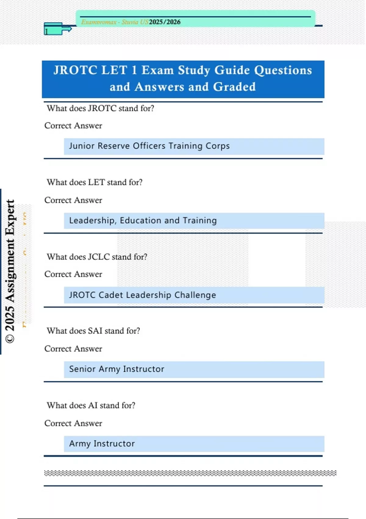 JROTC LET 1 Exam Study Guide Questions and Answers and Graded - JROTC ...