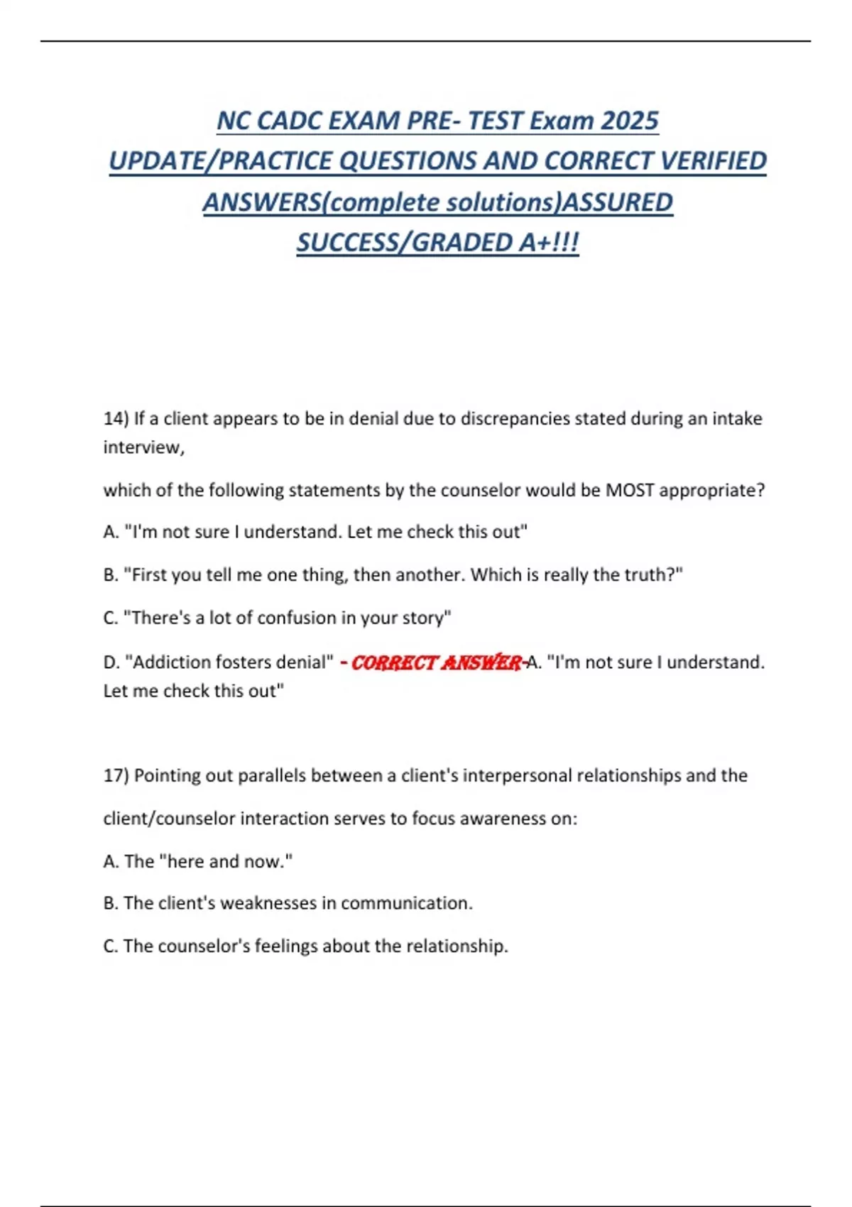 NC CADC EXAM PRE- TEST Exam 2025 UPDATE/PRACTICE QUESTIONS AND CORRECT ...