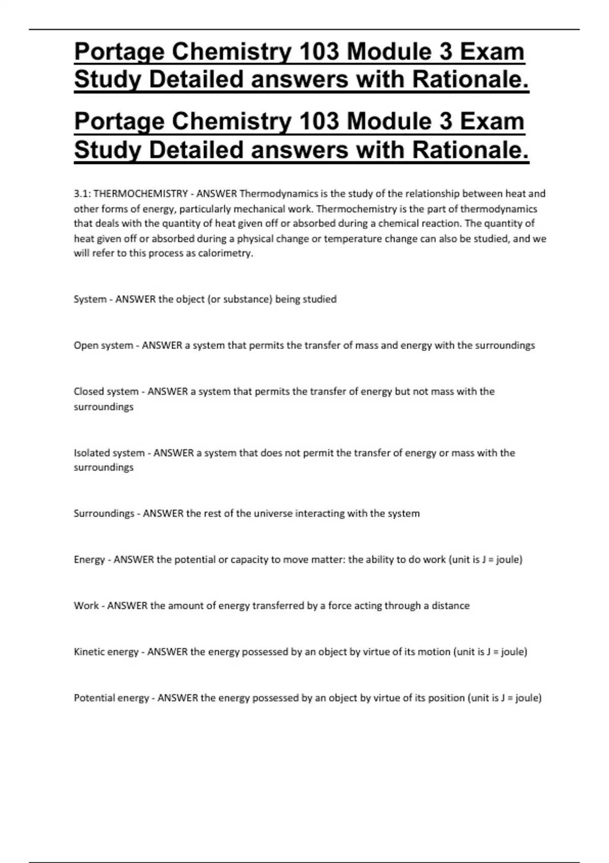 Portage Chemistry 103 Module 3 Exam Study Detailed answers with ...