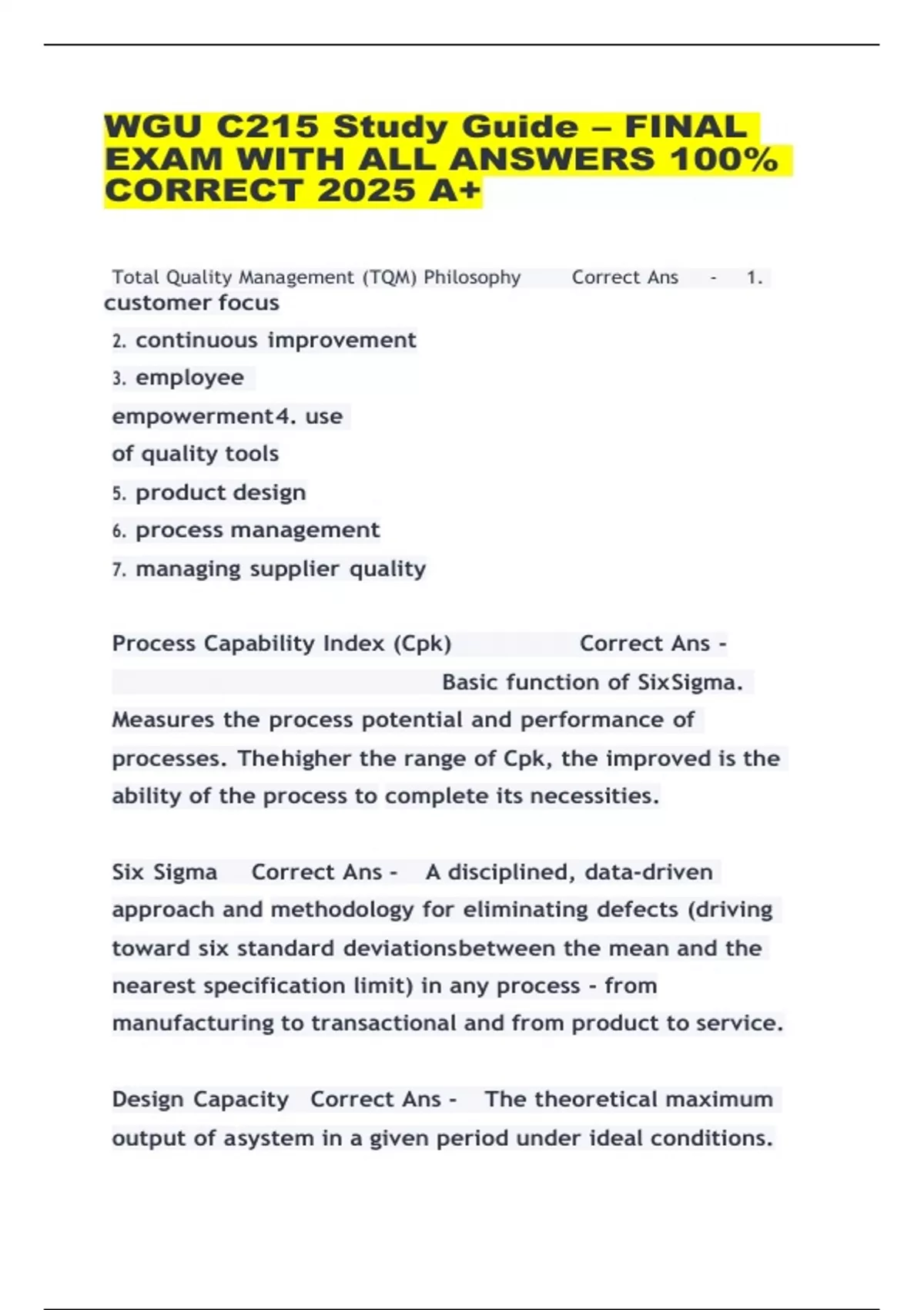 WGU C215 Operations Management – Final Exam Study Guide | 2025 | All ...