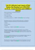 Unit 10 California Legal Aspects of Real  Estate&colon; Fair Housing Laws UPDATED  ACTUAL   Exam Questions and CORRECT  Answers