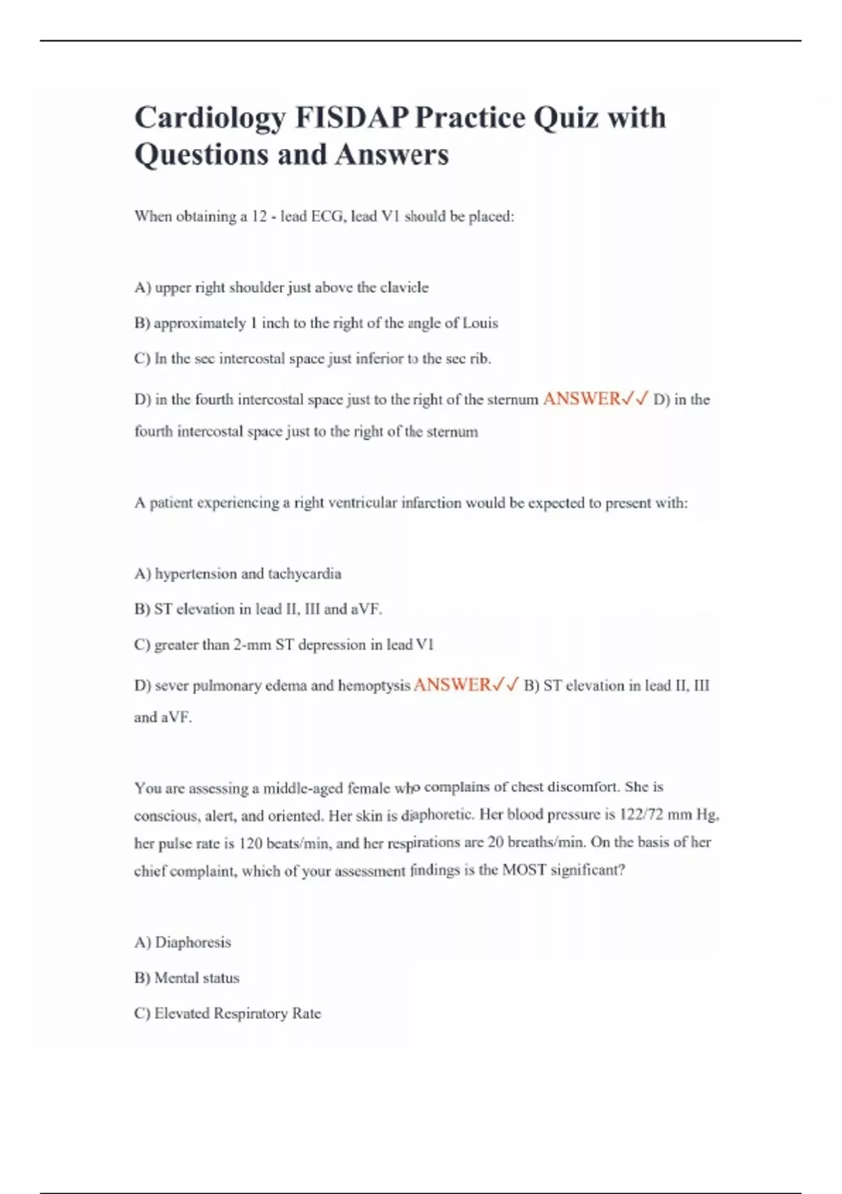 Cardiology FISDAP Practice Quiz with Questions and Answers - FISDAP ...