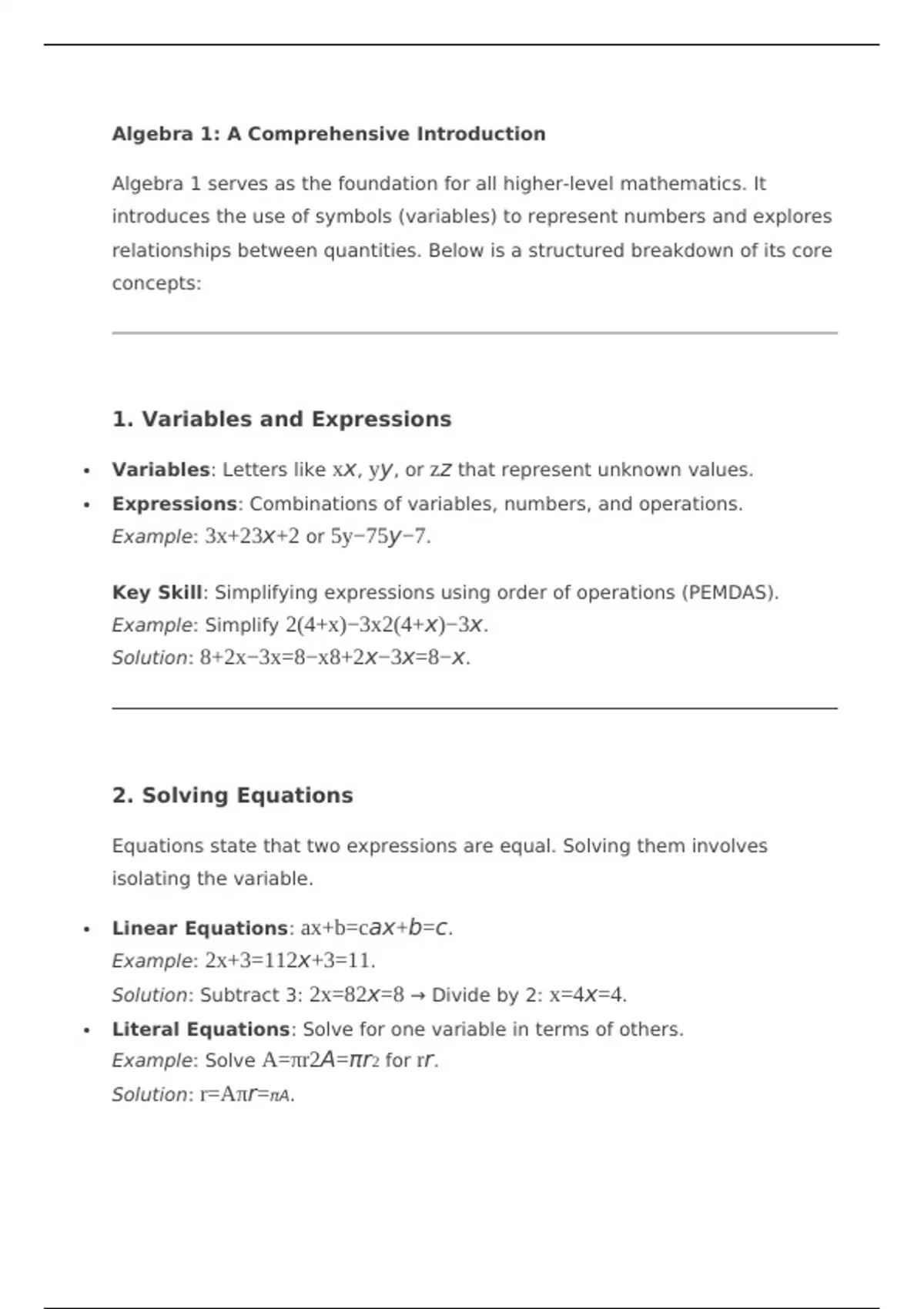 Summary Algebra 1 – A Comprehensive Introduction | High School ...
