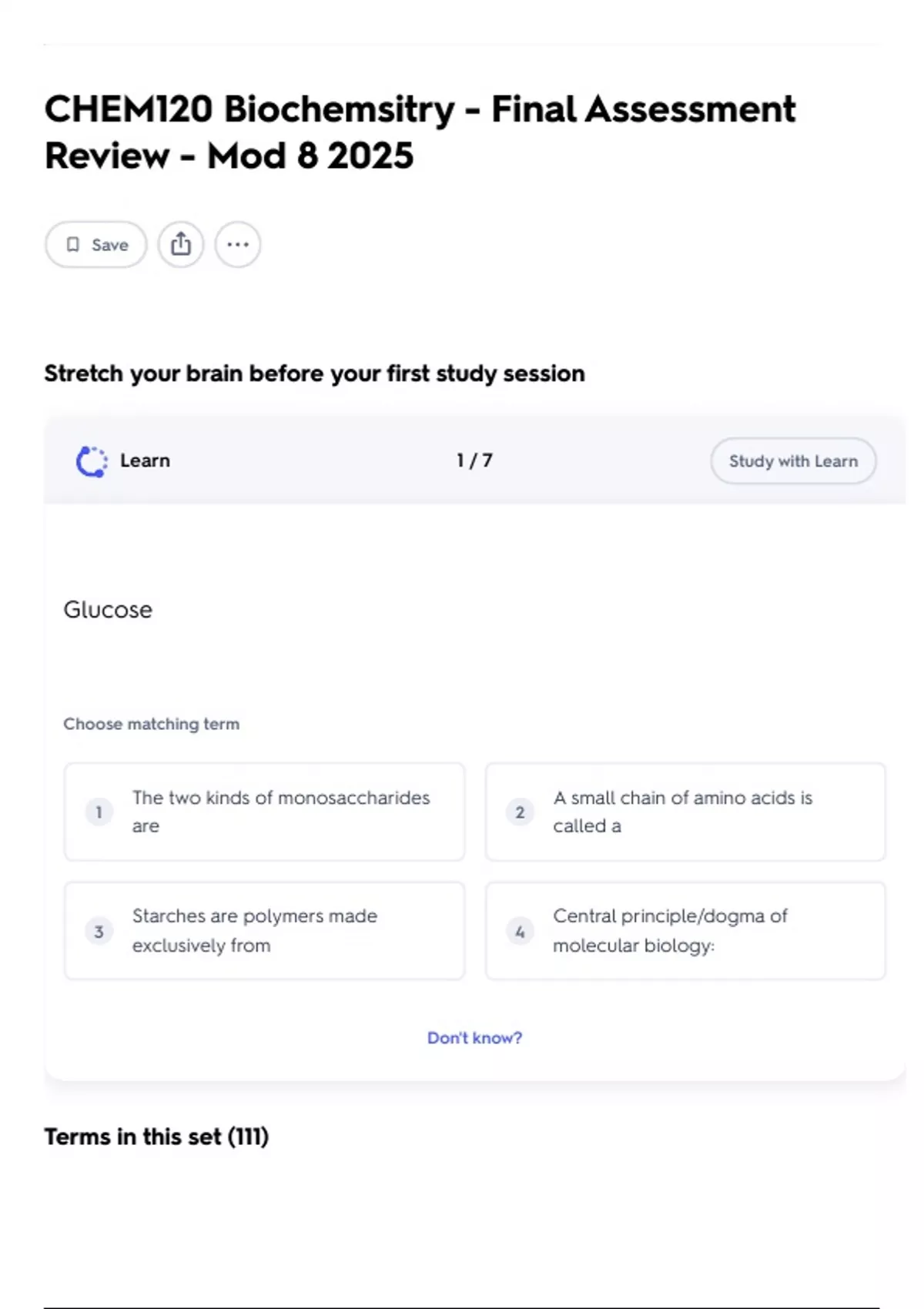 CHEM120 Biochemsitry - Final Assessment Review - Mod 8 2025 - CHEM 120 ...