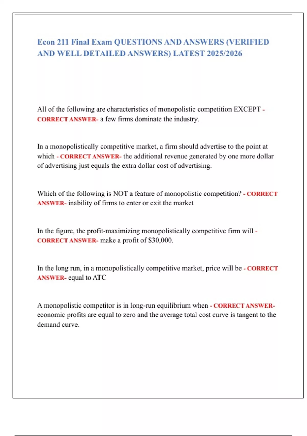 Econ 211 Final Exam QUESTIONS AND ANSWERS (VERIFIED AND WELL DETAILED ...