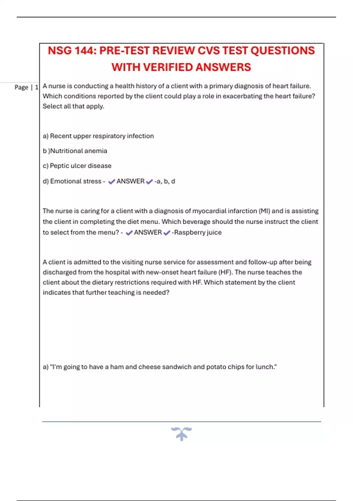 NSG 144: PRE-TEST REVIEW CVS TEST QUESTIONS WITH VERIFIED ANSWERS - NSG ...