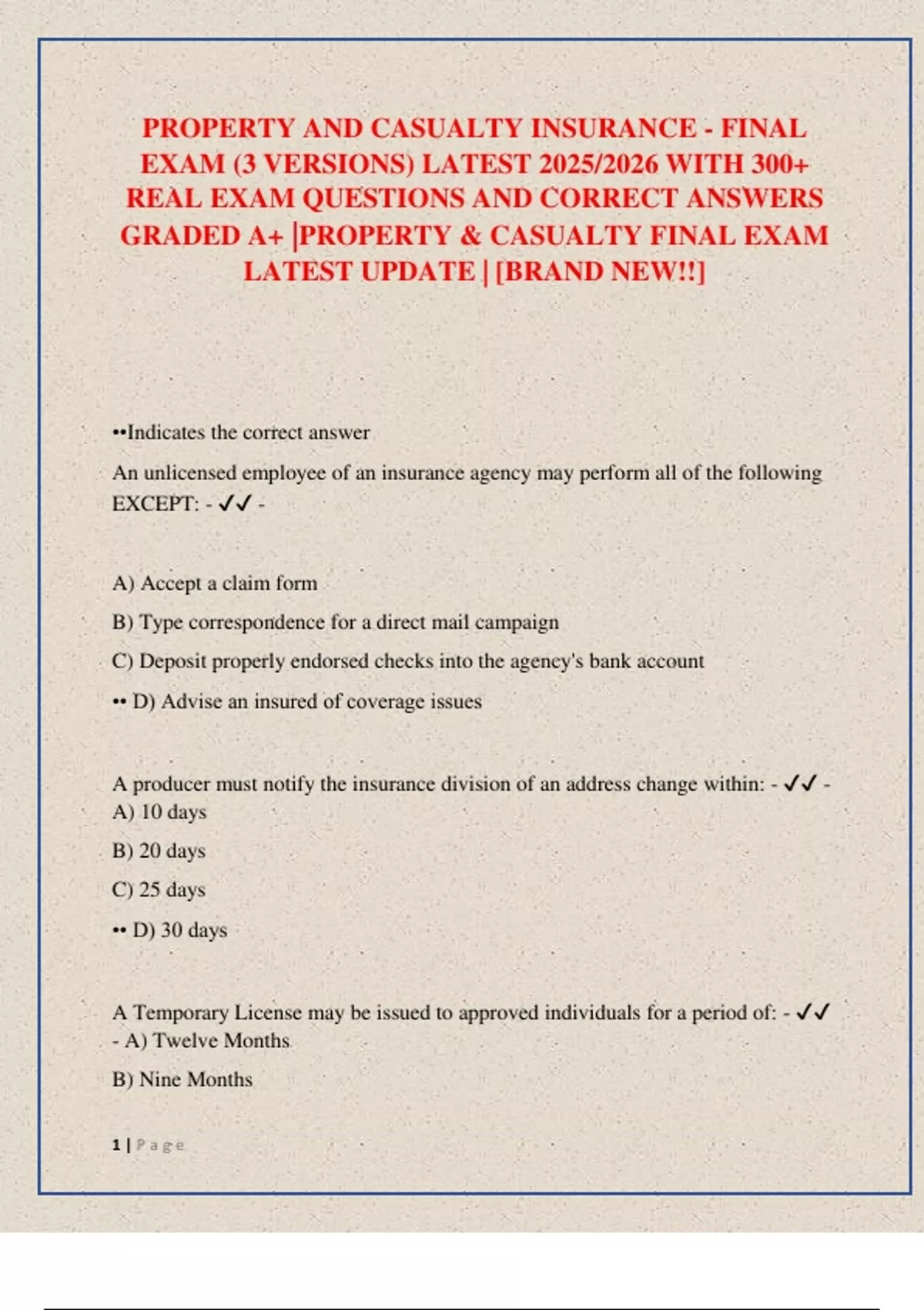 Property and Casualty Insurance – Final Exam Practice | Multiple U.S ...
