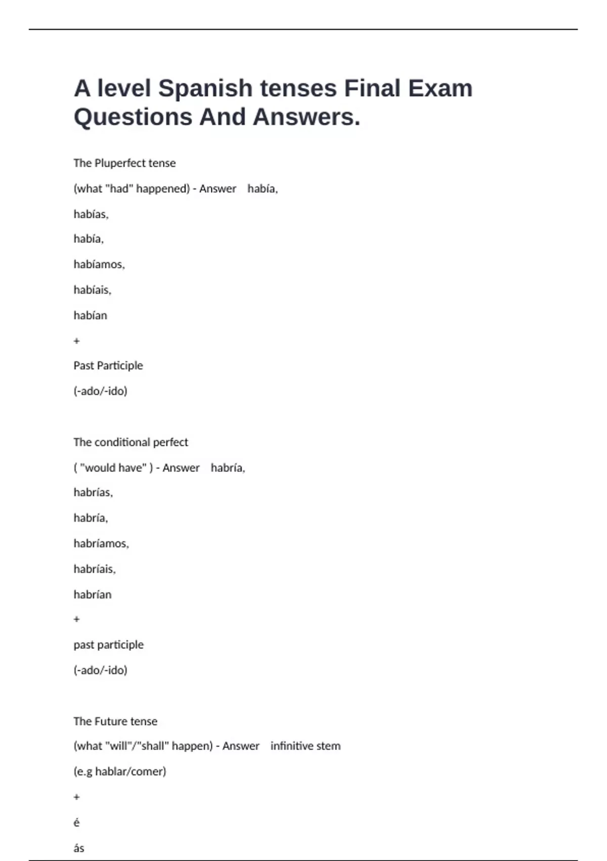 A level Spanish tenses Final Exam Questions And Answers. - A-Level ...