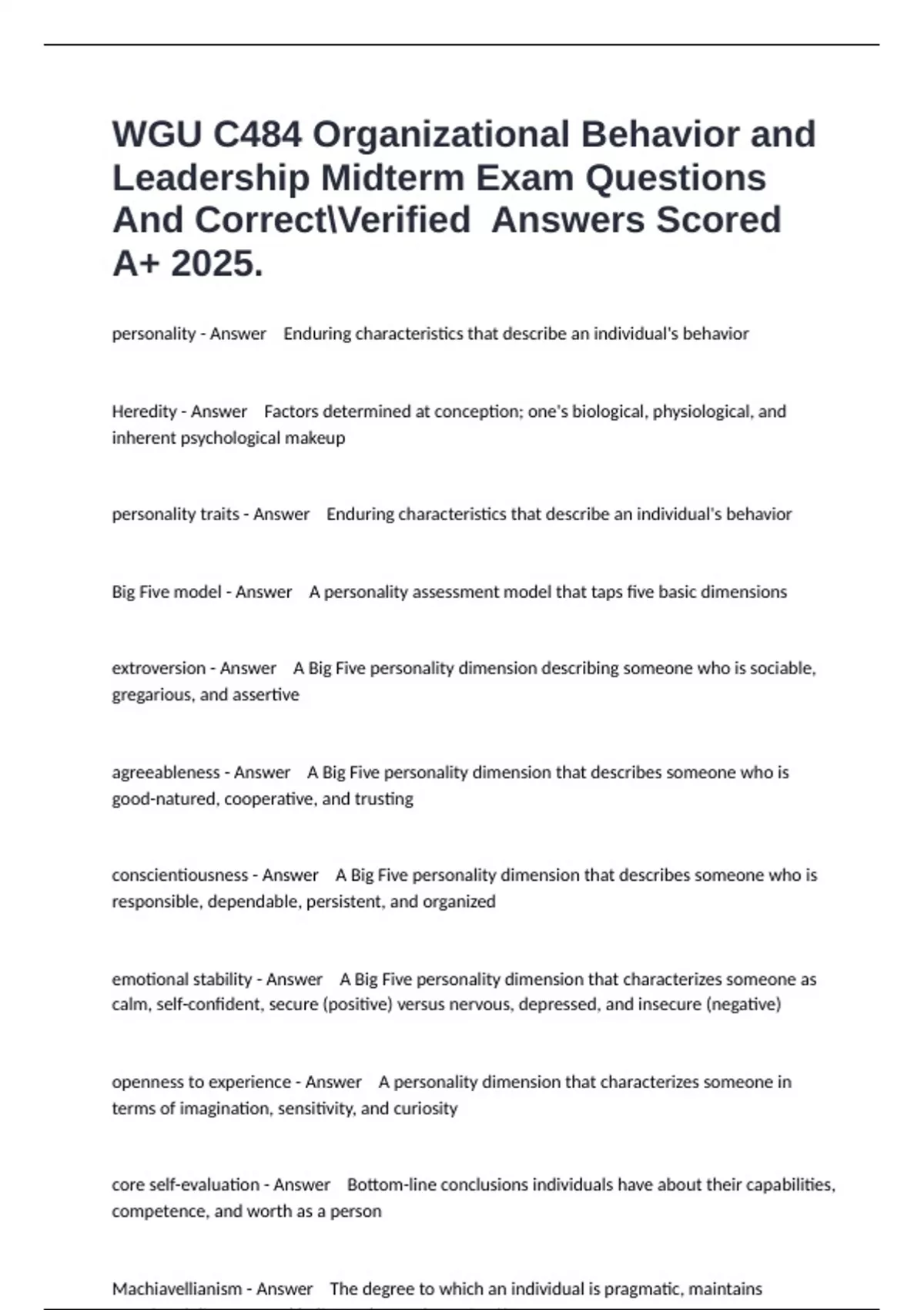 WGU C484 Organizational Behavior and Leadership Midterm Exam Questions ...