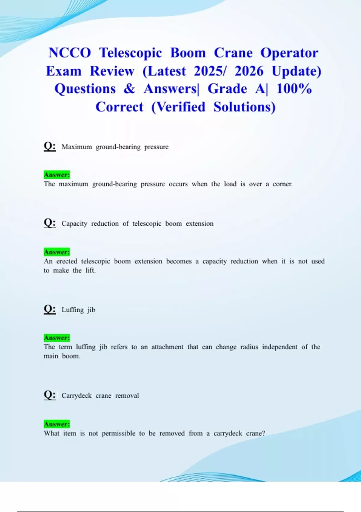 NCCCO Telescopic Boom Crane Operator Exam Review (Latest 2025/ 2026 ...