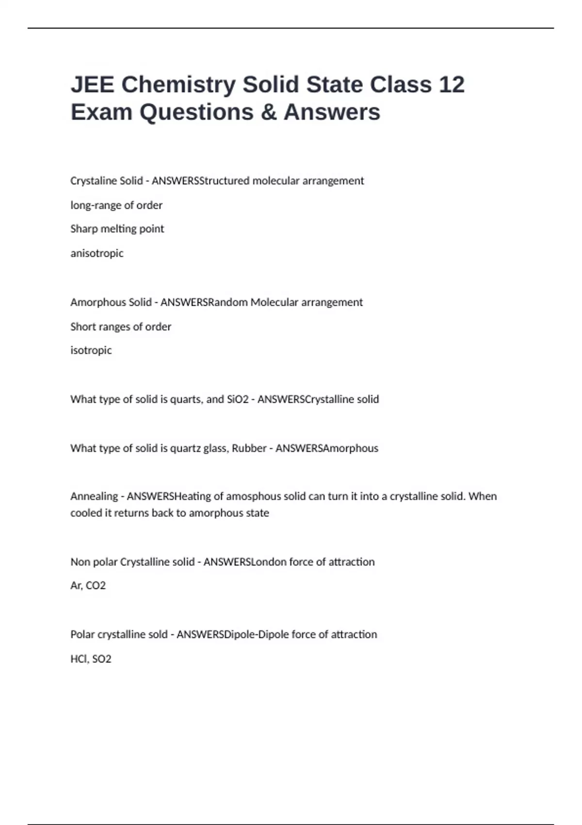 JEE Chemistry Solid State Class 12 Exam Questions & Answers - JEE ...