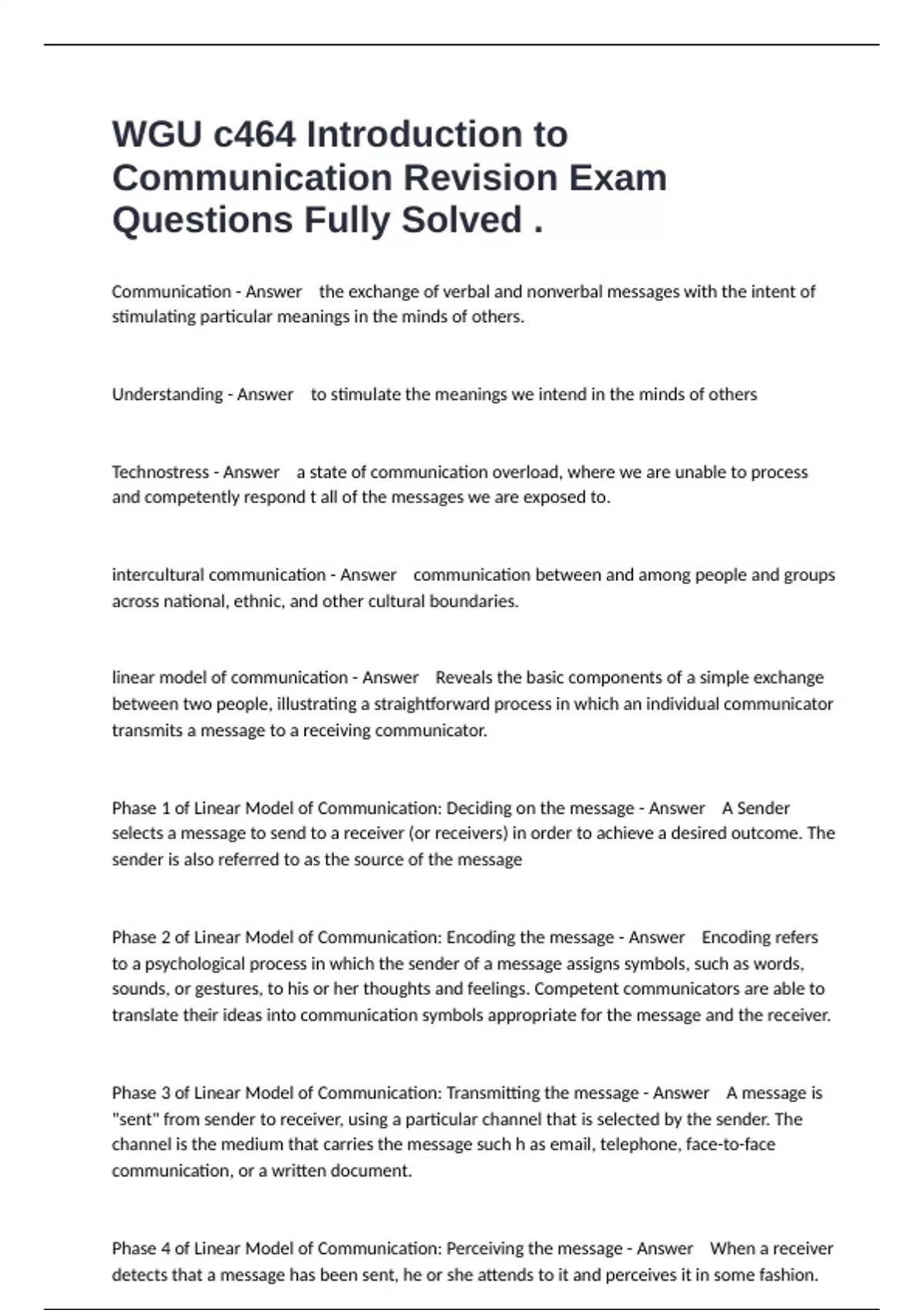 WGU c464 Introduction to Communication Revision Exam Questions Fully ...