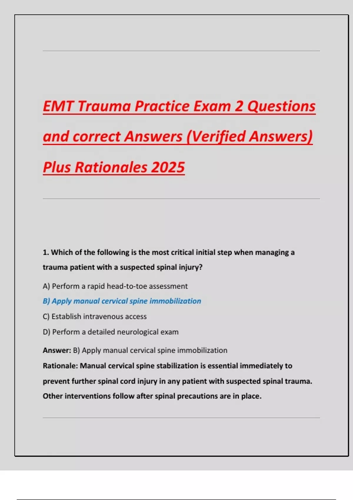 EMT FISDAP Trauma Practice Exam Questions with Correct Answers and ...