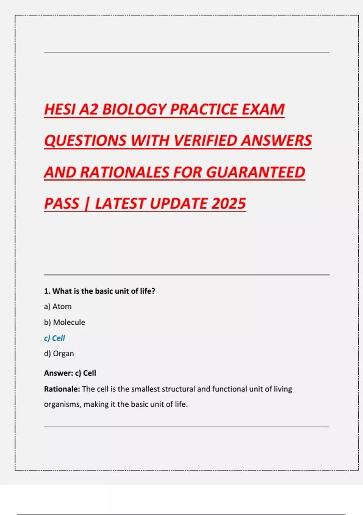 HESI A2 BIOLOGY PRACTICE EXAM QUESTIONS WITH VERIFIED ANSWERS AND ...