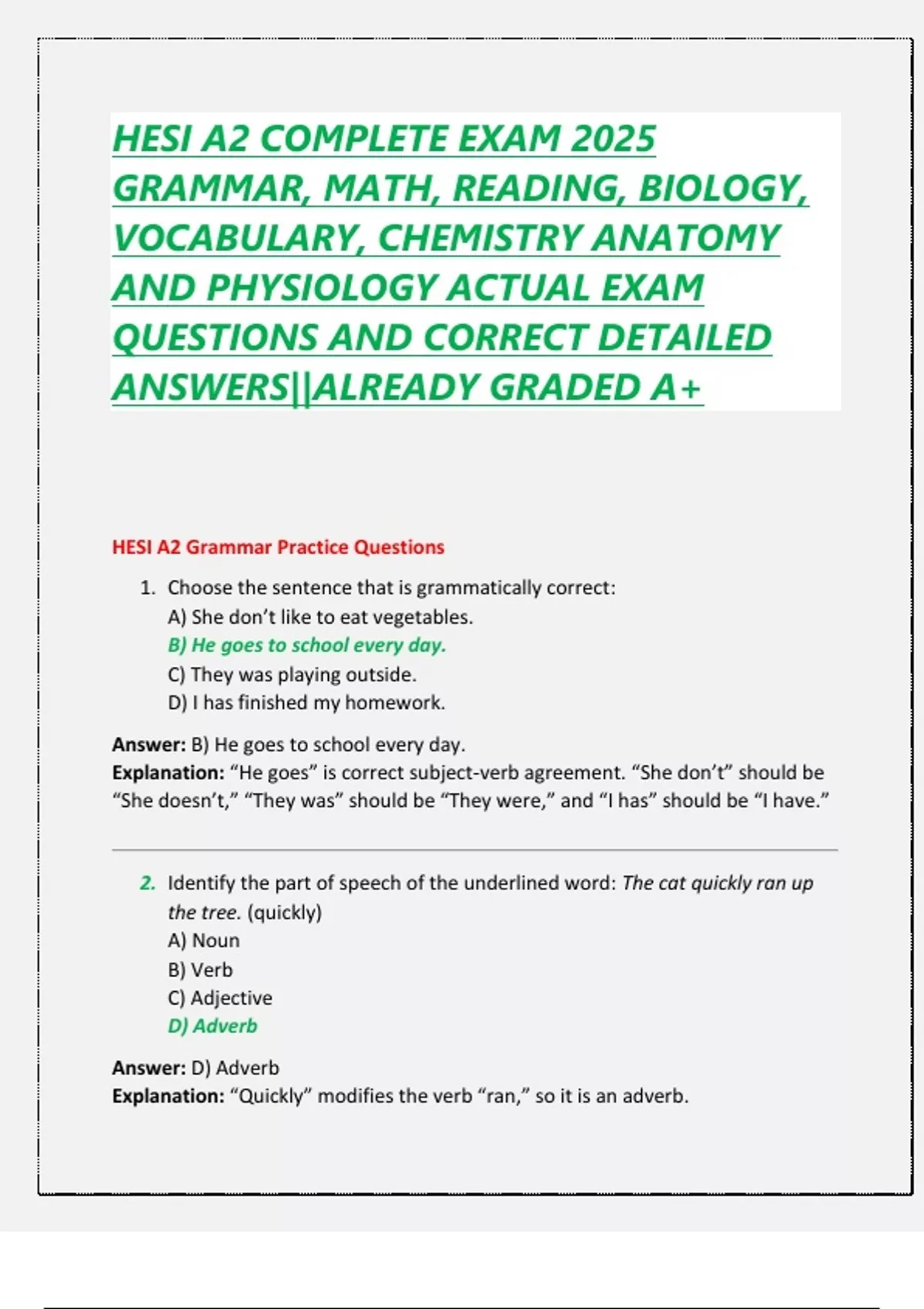 HESI A2 COMPLETE EXAM 2025 GRAMMAR, MATH, READING, BIOLOGY, VOCABULARY ...