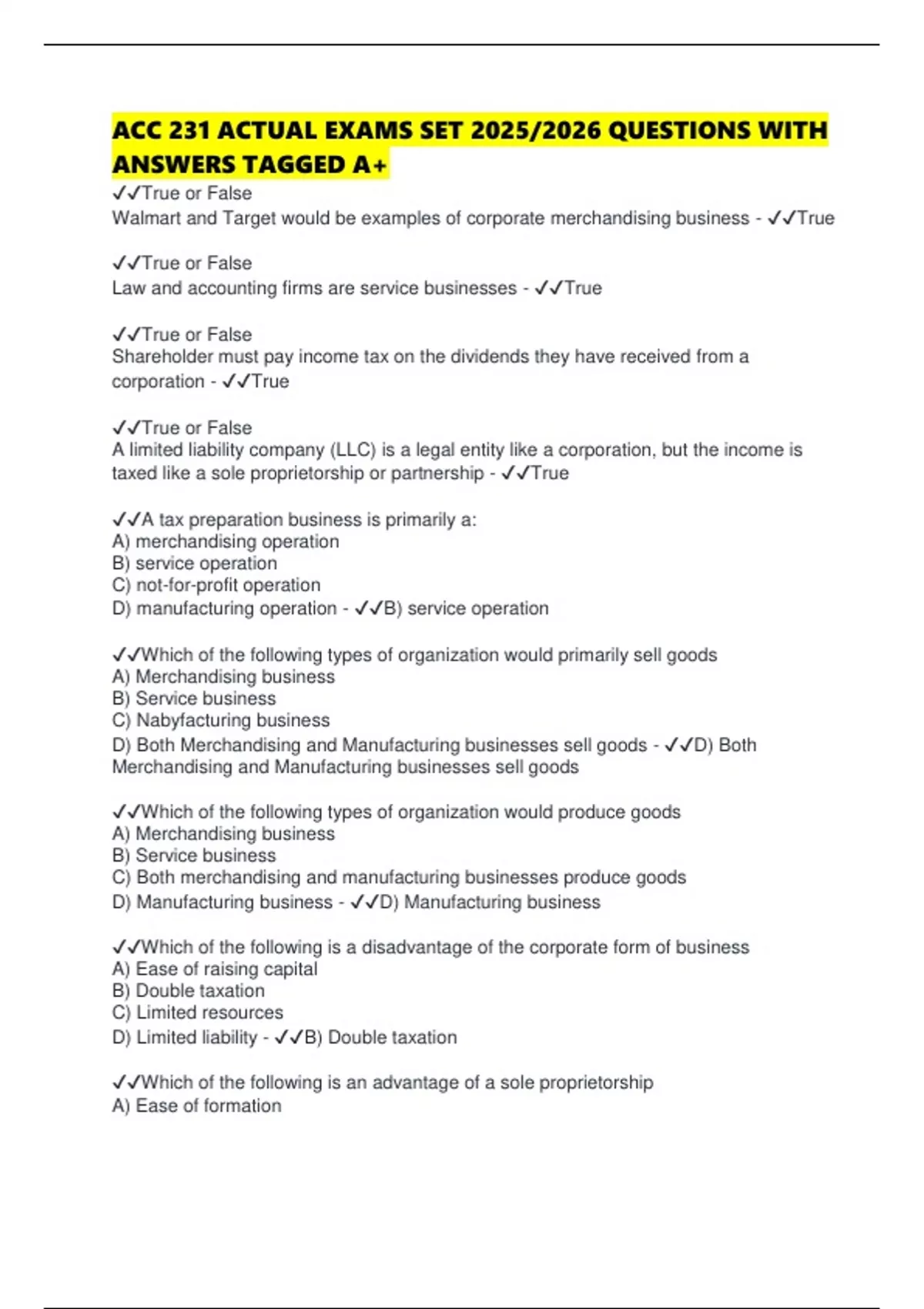 ACC 231 ACTUAL EXAMS SET 2025/2026 QUESTIONS WITH ANSWERS TAGGED A+ ...